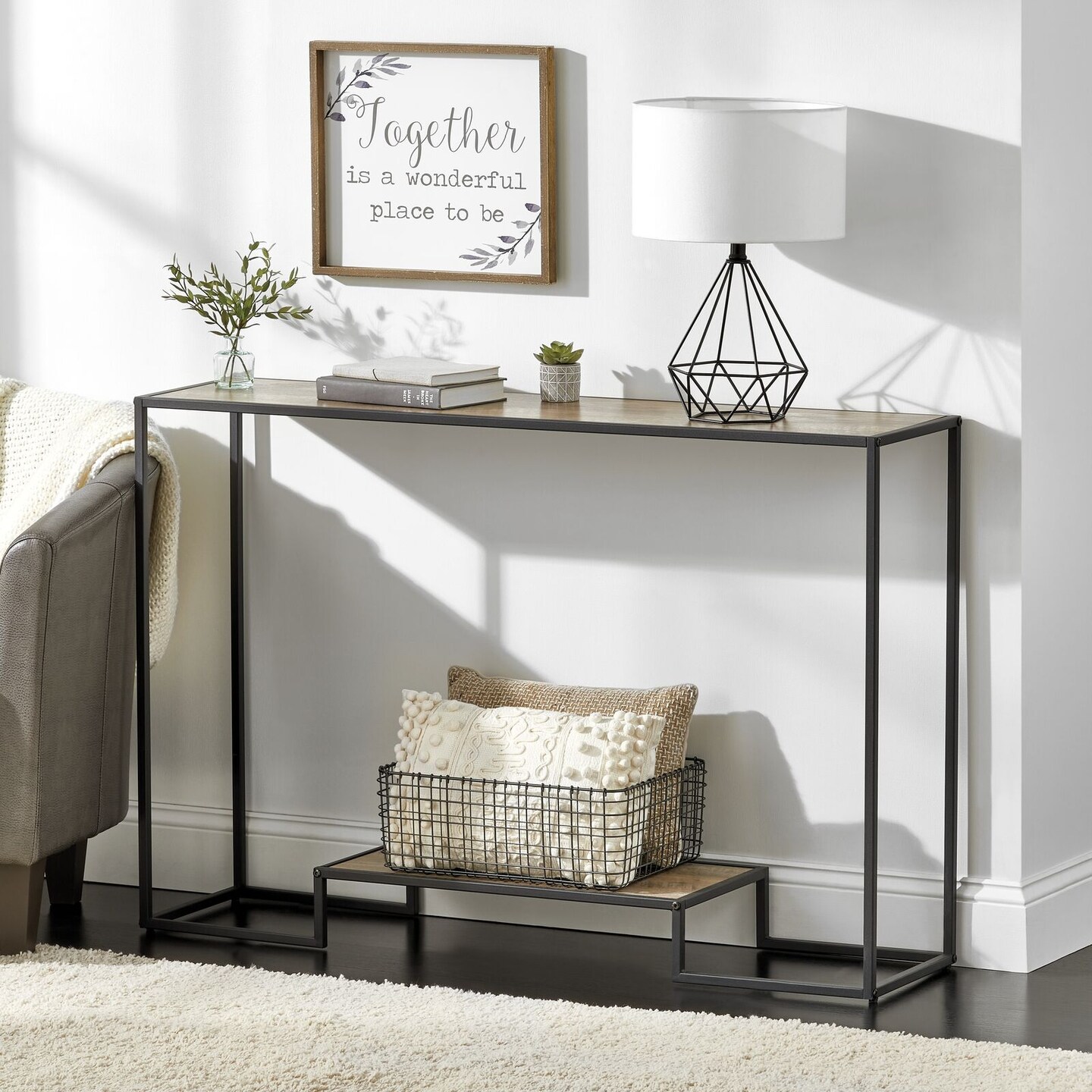 mDesign Modern Metal and Wood Inlay Console Table