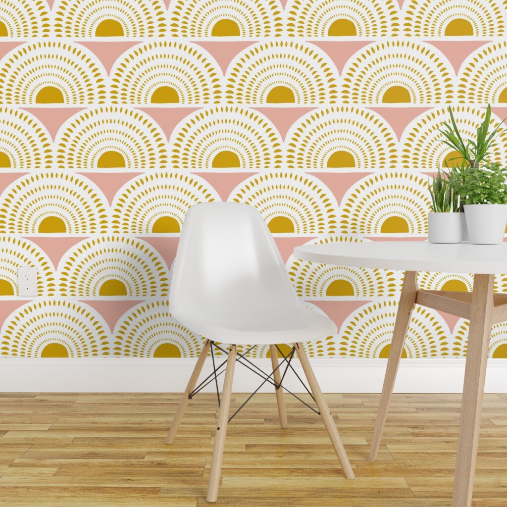 Pre-Pasted Wallpaper 2FT Wide Geometric Blush Gold Scallops Semicircles Art Deco Inspired Mustard Mod Custom Pre-pasted Wallpaper by Spoonflower