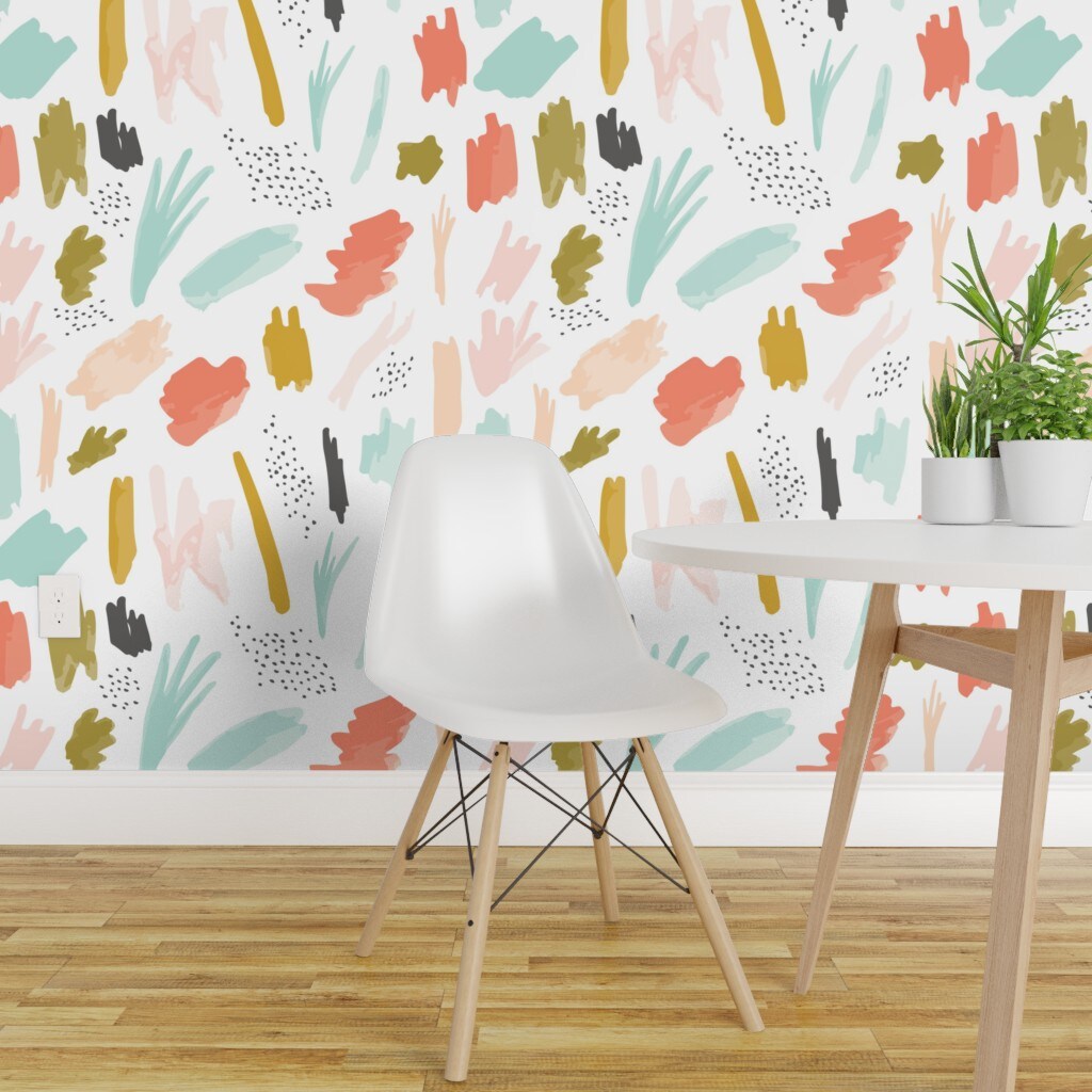 PrePasted Wallpaper 2FT Wide Abstract Coral Aqua Paint High Fashion