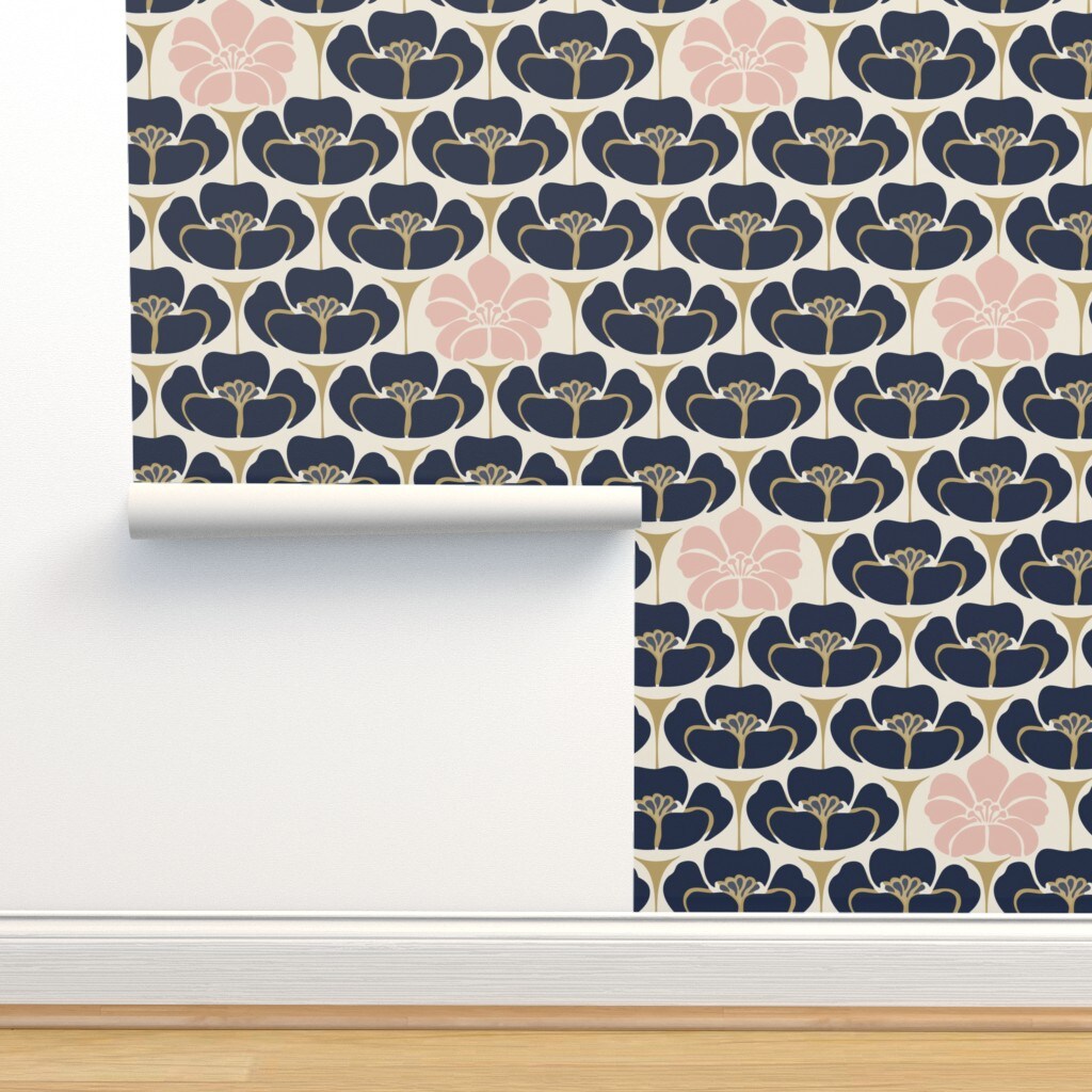 Flowers Art Deco 1920S Floral Navy Indigo Gold Blue Dress Fashion Pink Cream Custom Removable Wallpaper by Spoonflower Peel & Stick Wallpaper 2FT Wide
