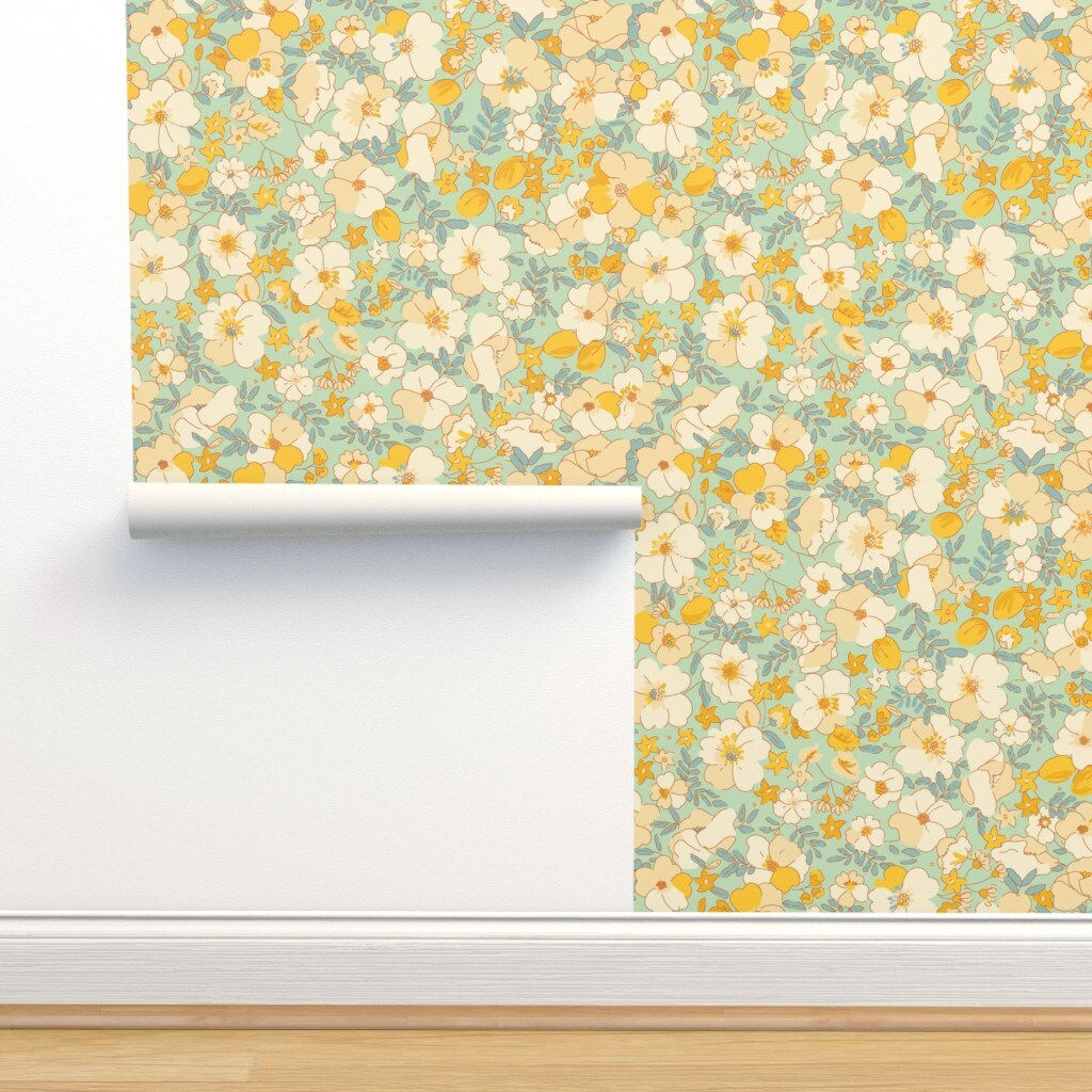 Vintage Style Floral Butter Yellow Flower Retro 1970S Custom Pre-pasted Wallpaper by Spoonflower Pre-Pasted Wallpaper 2FT Wide