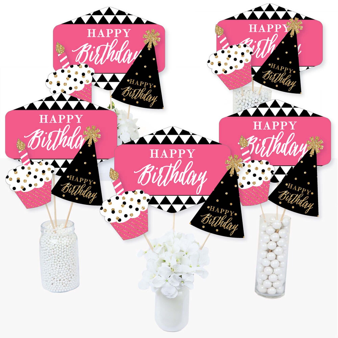 Big Dot Of Happiness Chic Happy Birthday Pink Black And Gold Birthday Party Centerpiece