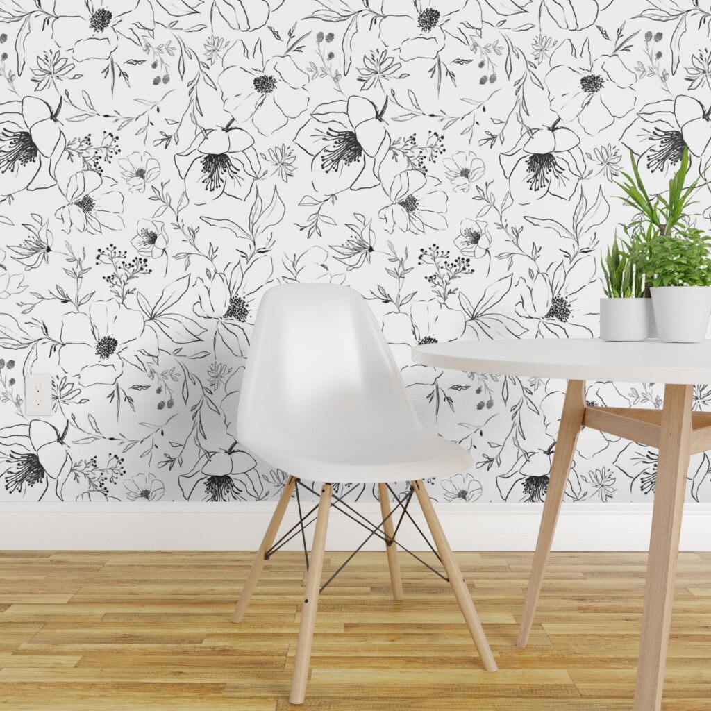 Peel &#x26; Stick Wallpaper 2FT Wide Black And White Flower Drawing Blossoms Leaves Floral Nature Botanical Monochrome Custom Removable Wallpaper by Spoonflower