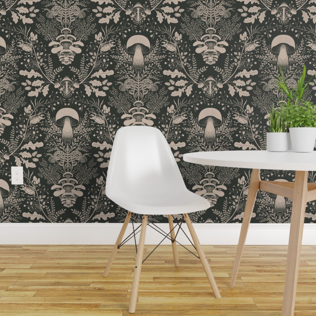 Pre-Pasted Wallpaper 2FT Wide Neutral Woodland Dark Green Cream Beige Forest Damask Mushroom Gray Custom Pre-pasted Wallpaper by Spoonflower