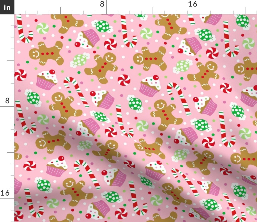 Christmas Candy Treats Pink Cupcake Polka Dots Gingerbread Holiday Custom Printed Fabric by Spoonflower Various Fabrics by the Yard or Fat Quarter