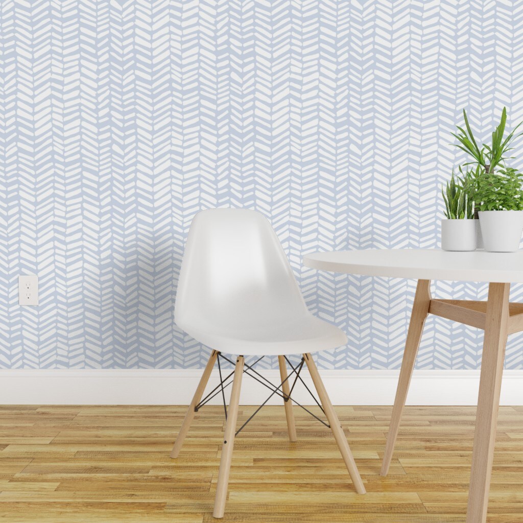 Pre-Pasted Wallpaper 2FT Wide Pale Chevron Herringbone Illustration Blue Triangles Patterned Custom Pre-pasted Wallpaper by Spoonflower