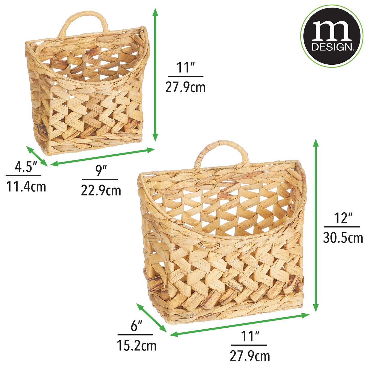 mDesign Woven Water Hyacinth Hanging Wall Storage Basket - Set of 2 - Natural