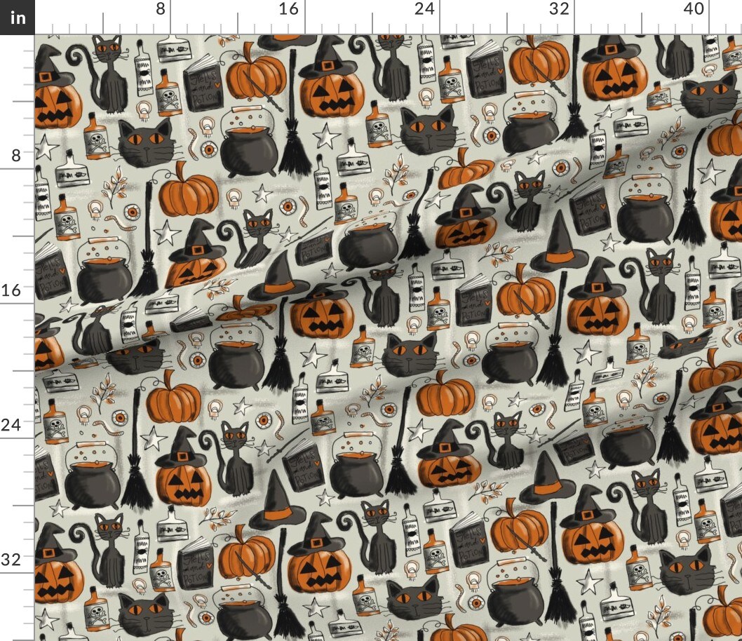 Various Fabrics by the Yard or Fat Quarter Vintage Halloween Pumpkin Cat Spooky Style Orange Custom Printed Fabric by Spoonflower