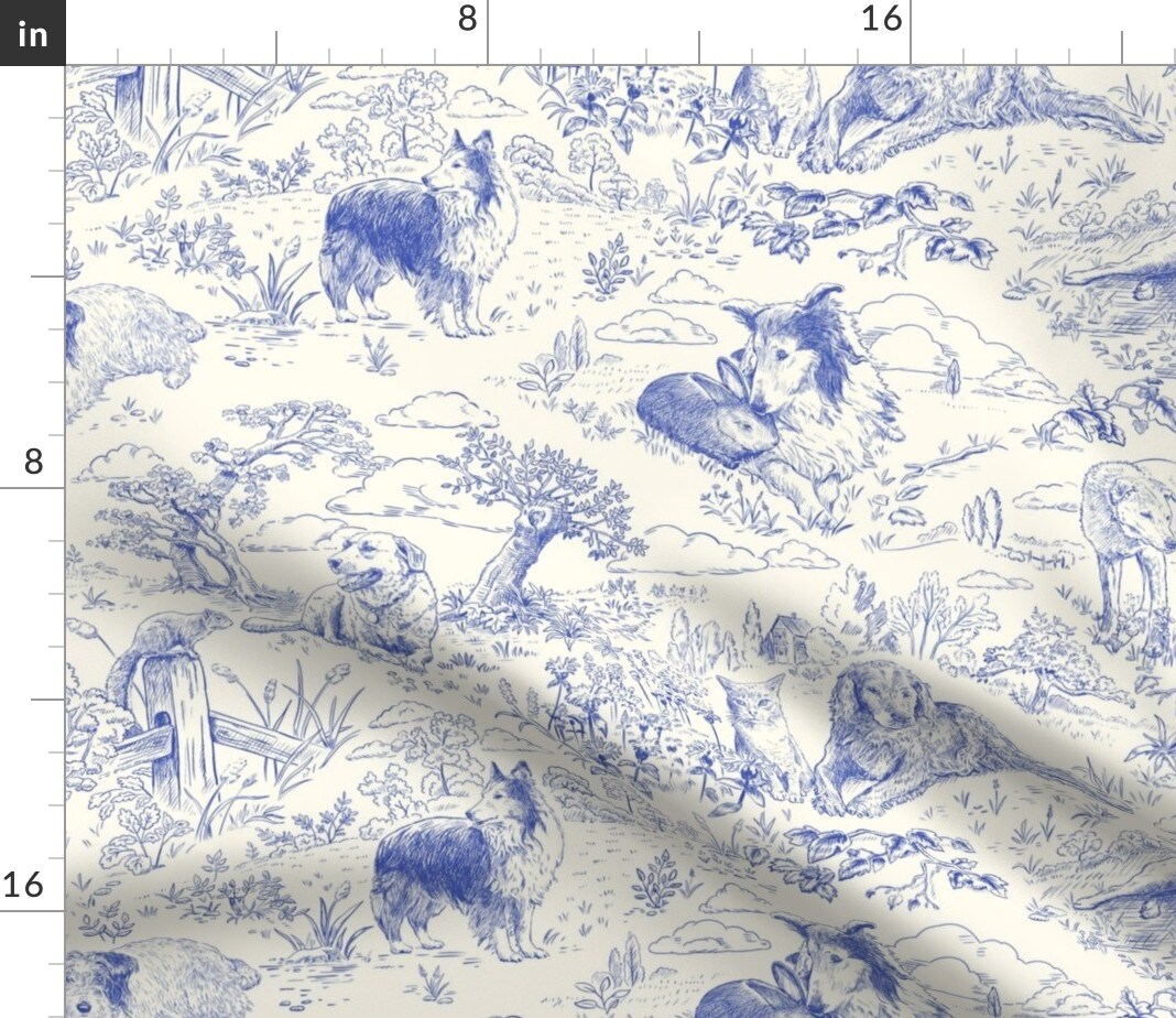 Blue Toile Country Style Hand Drawn Landscape Traditional Collie Toil Ecru Sheep Dog Australian Shepherd Shetland Custom Printed Fabric by Spoonflower Various Fabrics by the Yard or Fat Quarter