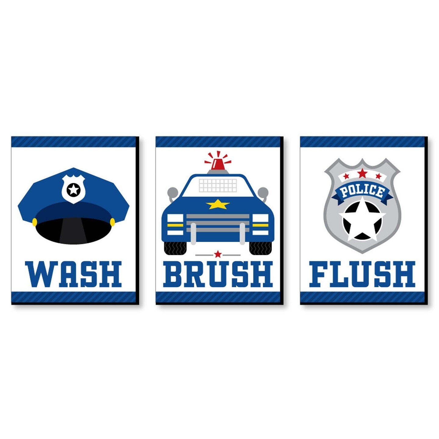 Big Dot of Happiness Calling All Units - Police - Cop Kids Bathroom Rules Wall Art - 7.5 x 10 inches - Set of 3 Signs - Wash, Brush, Flush