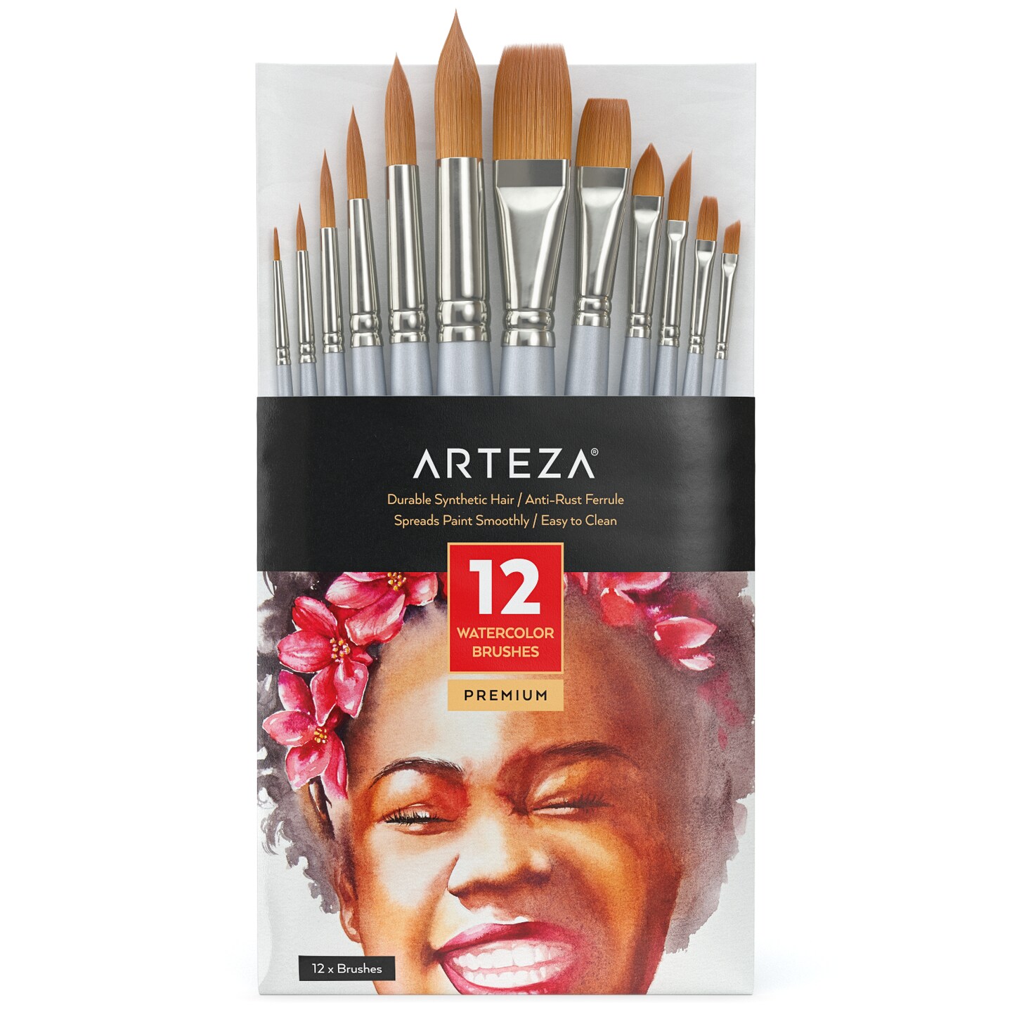 Arteza Watercolor set , Brown Brush Hair, Silver Ferrule with Silver Wooden Handle and Black Printing - 12 Pack