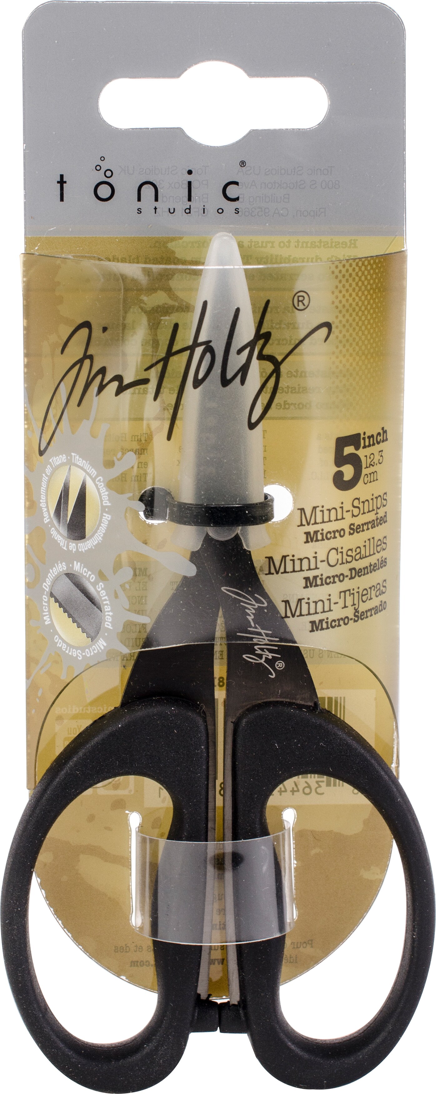 Tim Holtz Small Scissors - 5 Inch Mini Snips with Micro Serrated Blade - Craft Tool for Cutting Paper, Fabric, and Sewing - Titanium with Black Comfort Grip Handles
