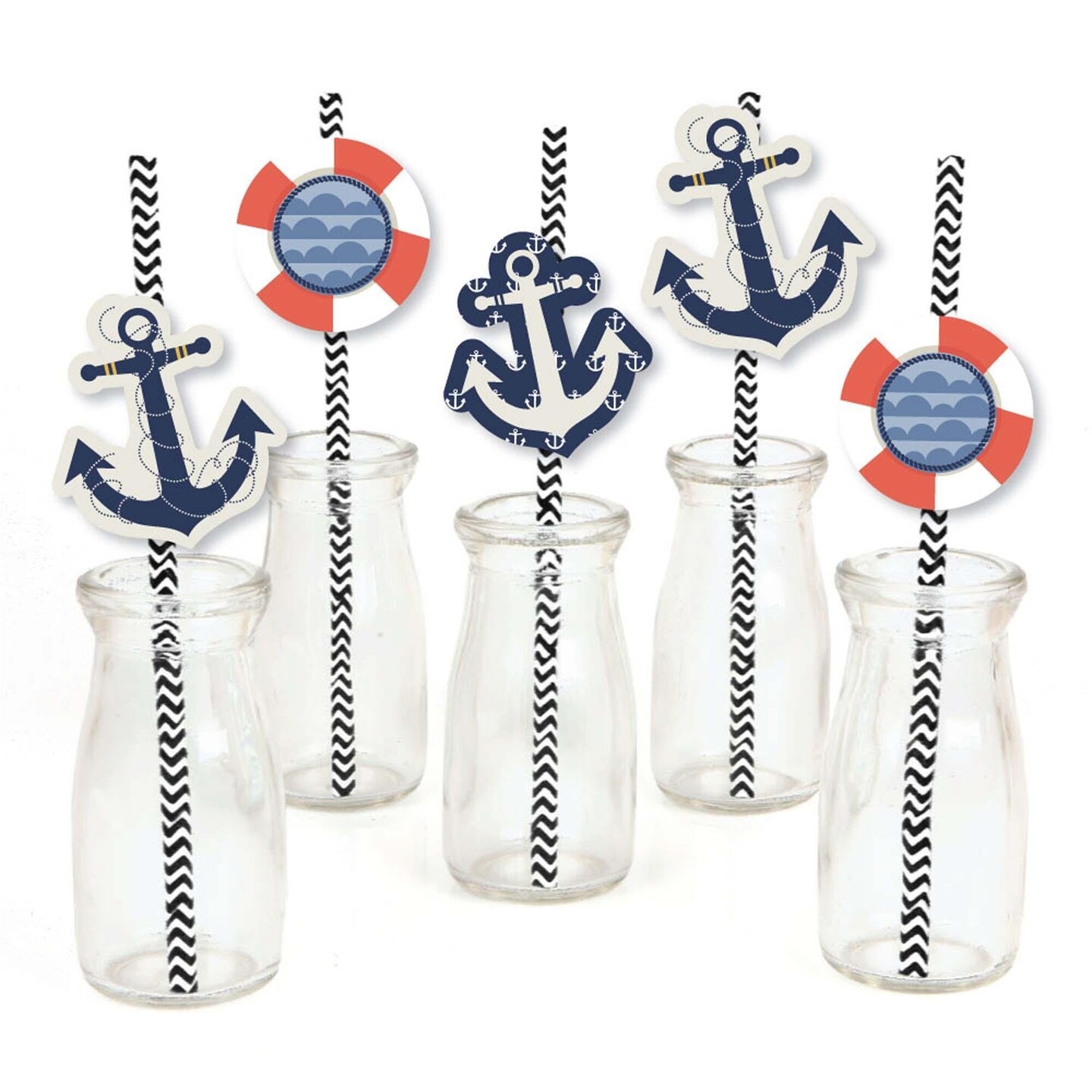 Big Dot of Happiness Ahoy - Nautical Paper Straw Decor - Baby Shower or Birthday Party Striped Decorative Straws - Set of 24