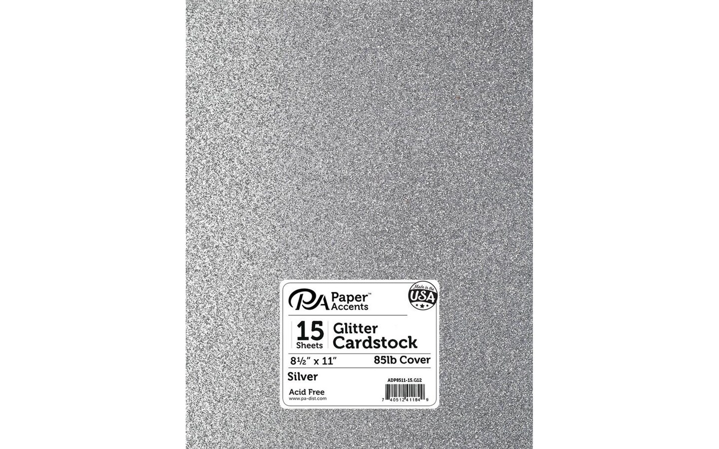 PA Paper Accents Glitter Cardstock 8.5" x 11" Silver, 85lb colored