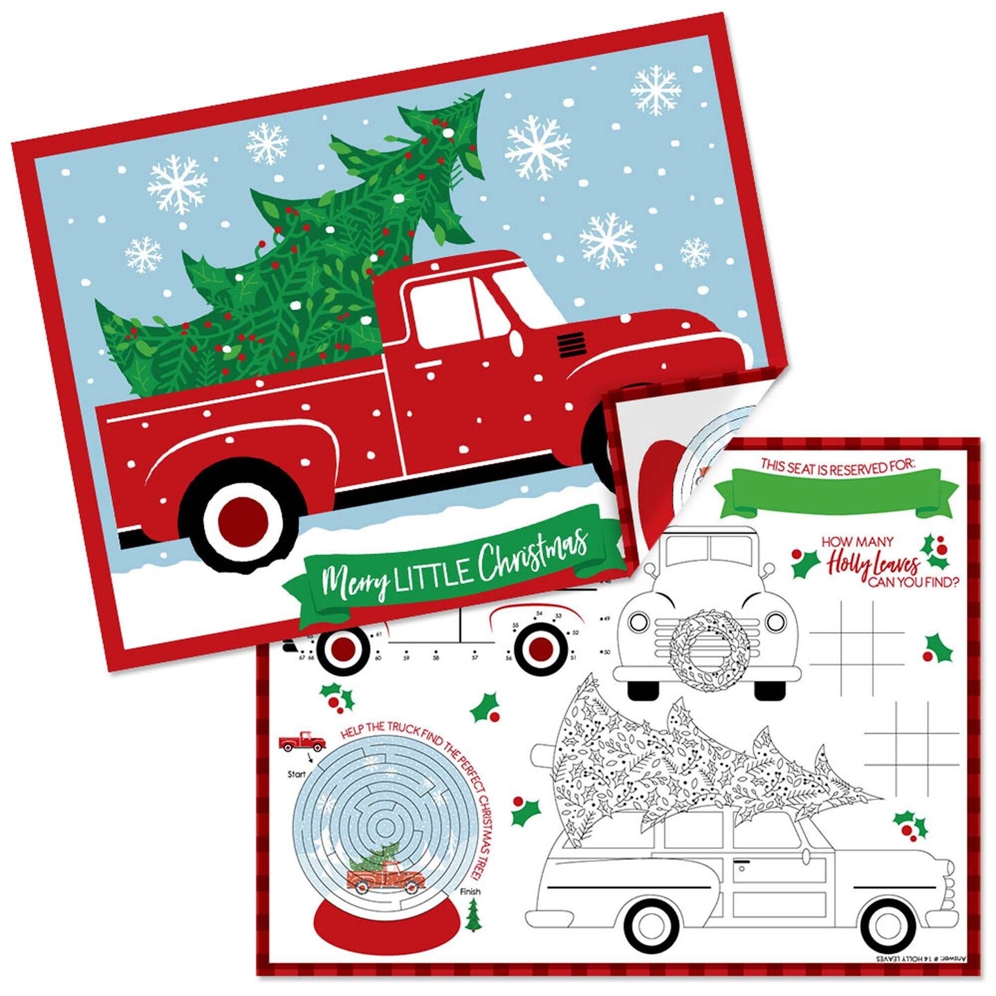 Big Dot of Happiness Merry Little Christmas Tree - Paper Red Truck and Car Christmas Party Coloring Sheets - Activity Placemats - Set of 16