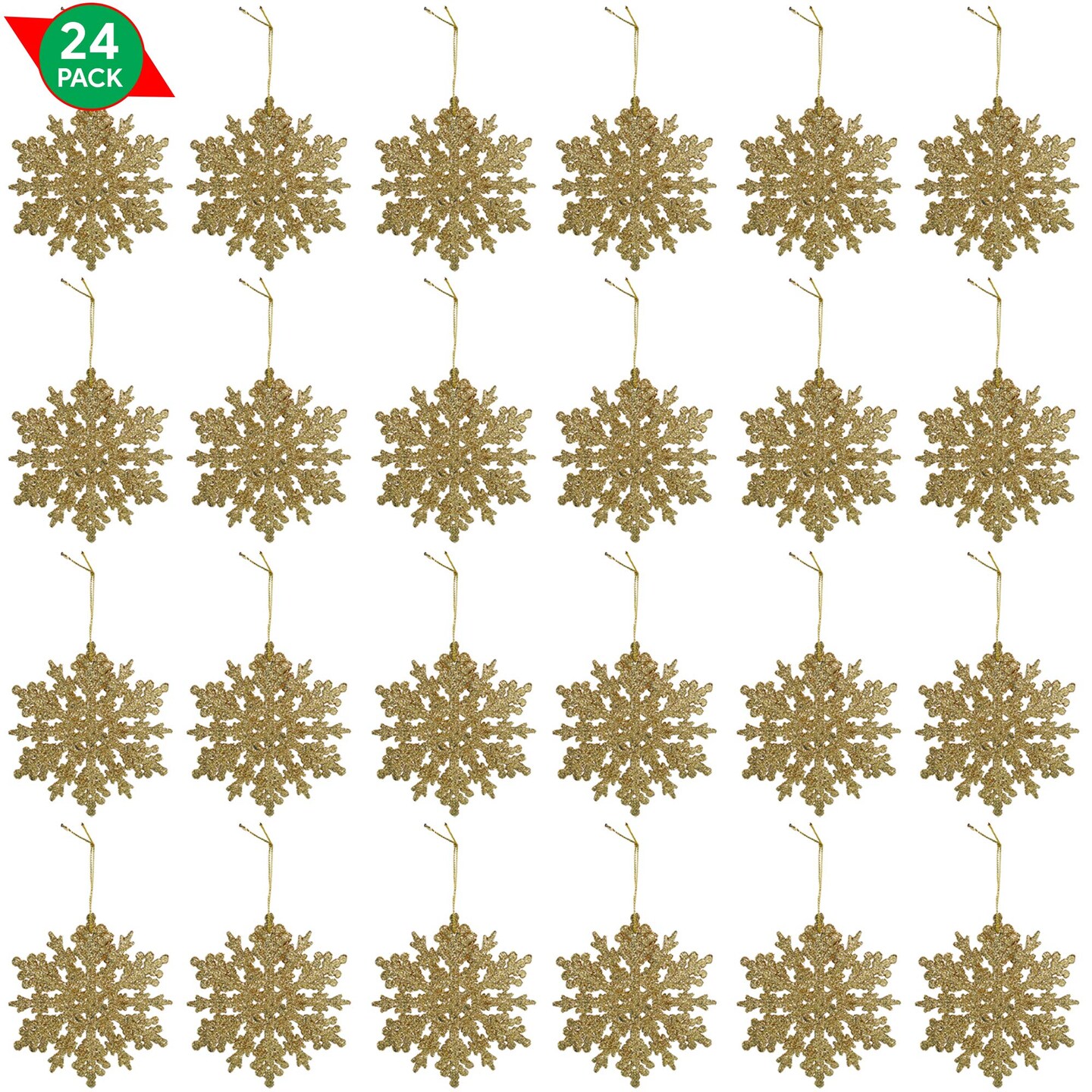 Ornativity Glitter Snowflake Ornaments - Holiday Wedding Plastic Sparkling Hanging Snowflakes Pack of 24