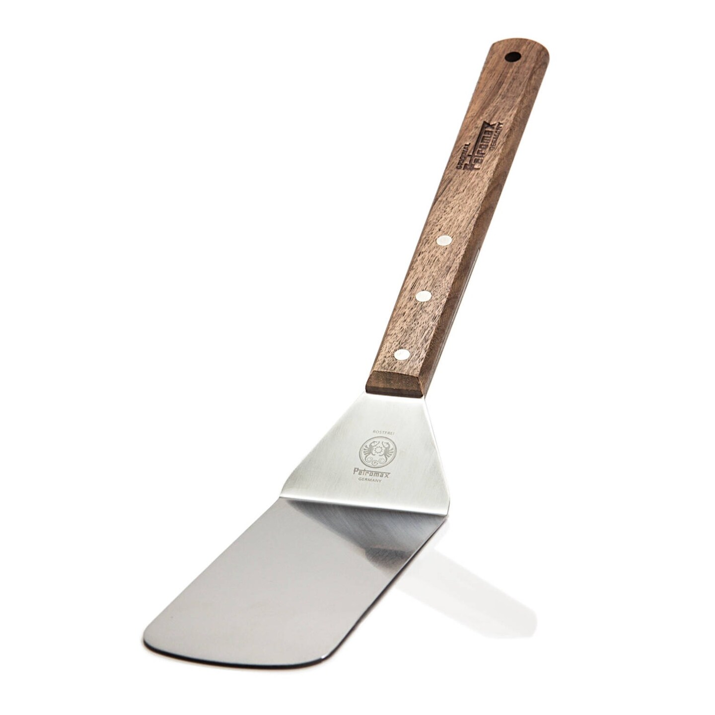Petromax Flexible Stainless Steel Spatula, Flex2 Model with Wood Handle for Kitchen or Camping, Tapered Blade and Wood Handle