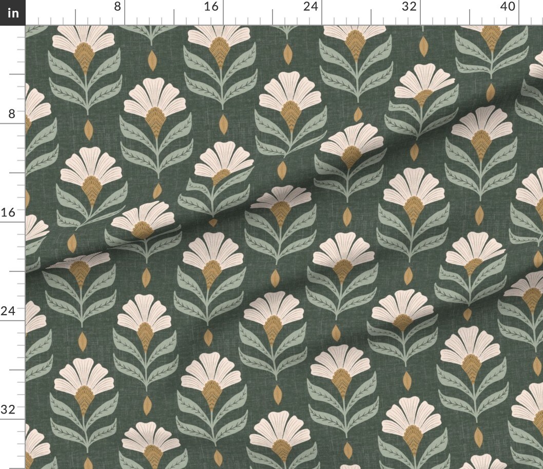 Green Flower Floral Meadow Botanical Art Nouveau Hand Drawn Large Scale Rustic Custom Printed Fabric by Spoonflower Various Fabrics by the Yard or Fat Quarter