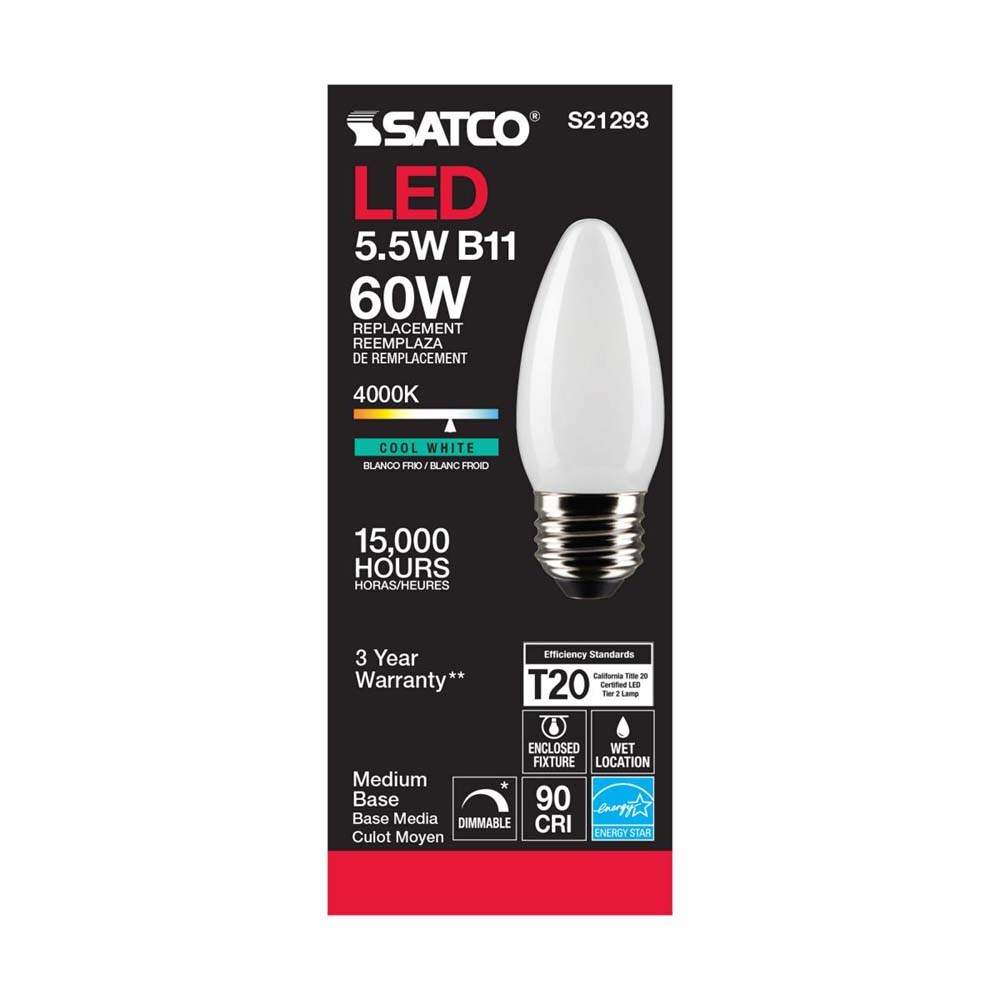 6Pk - Satco 5.5w B11 LED 4000K Medium Base Frosted Dimmable - 60w equiv