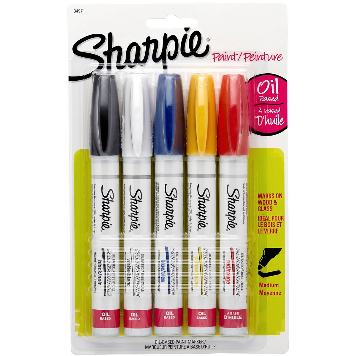 Sharpie Medium Point Oil-Based Paint Markers 5/Pkg-Black, Blue, Yellow, Red & White