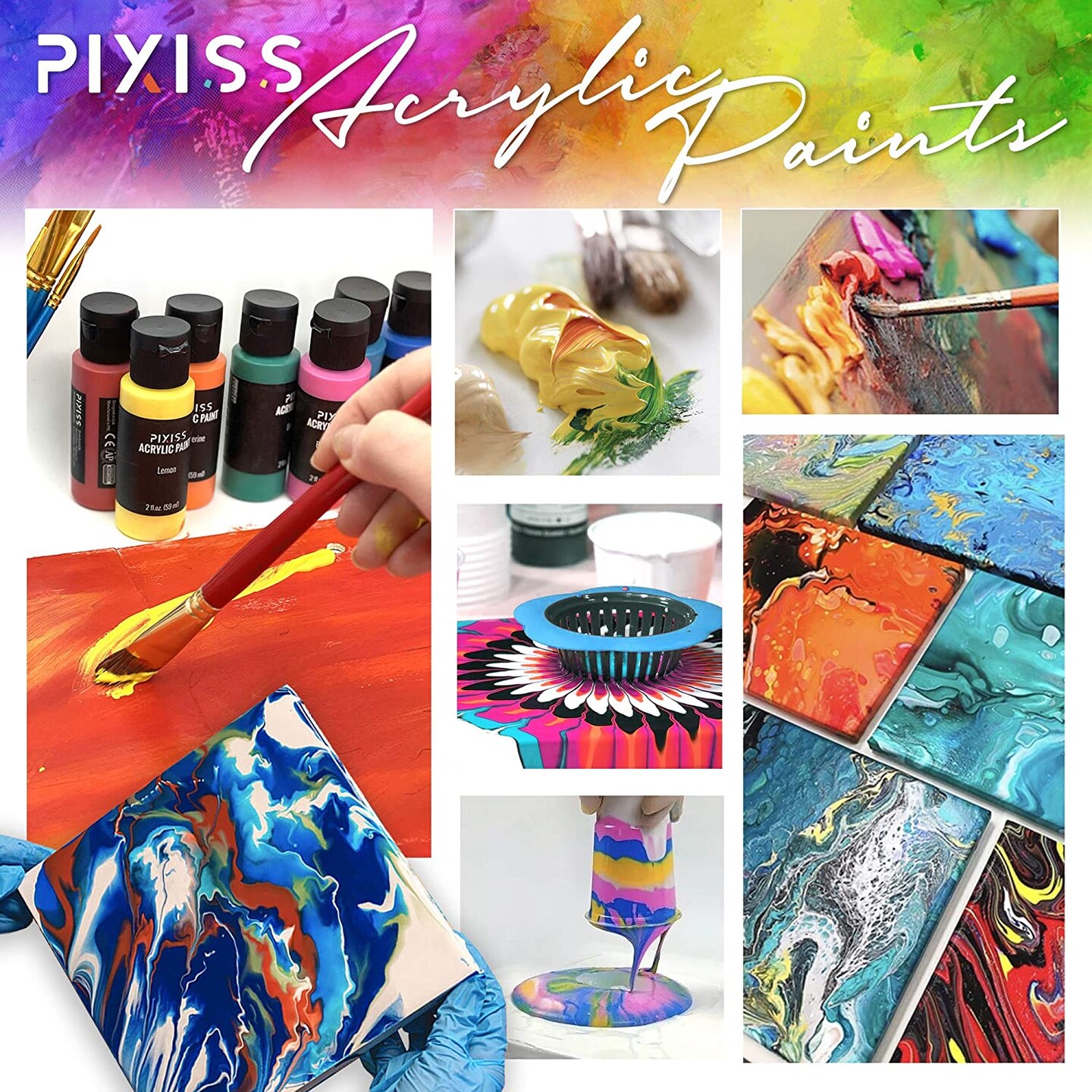 Pixiss Acrylic Paint Set of 16 Colors, 59ml, 2 Fluid Ounce Bottles, Matte Finish Paints