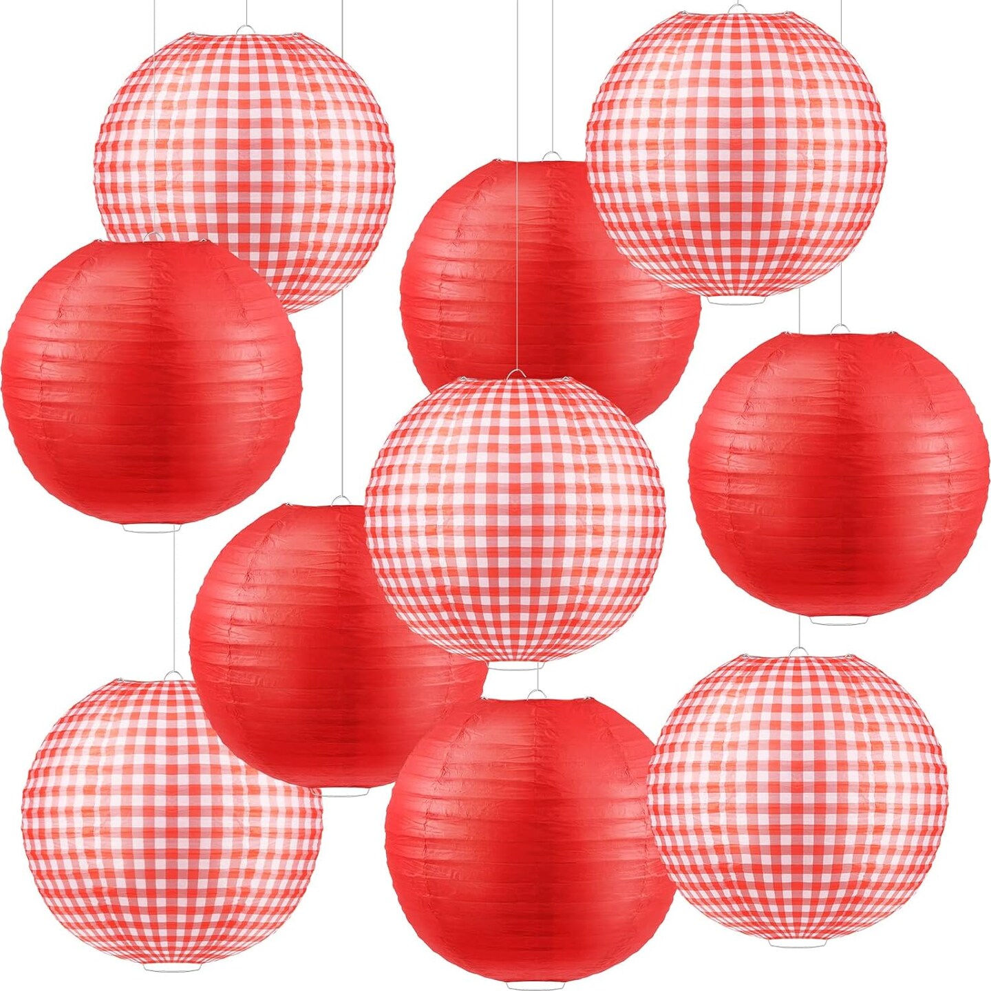 Ten Pieces of Party Decor for a Picnic Round hanging red paper lanterns in pure red, white, and red plaid for summer barbecues, birthday celebrations, holidays, picnics, and parties