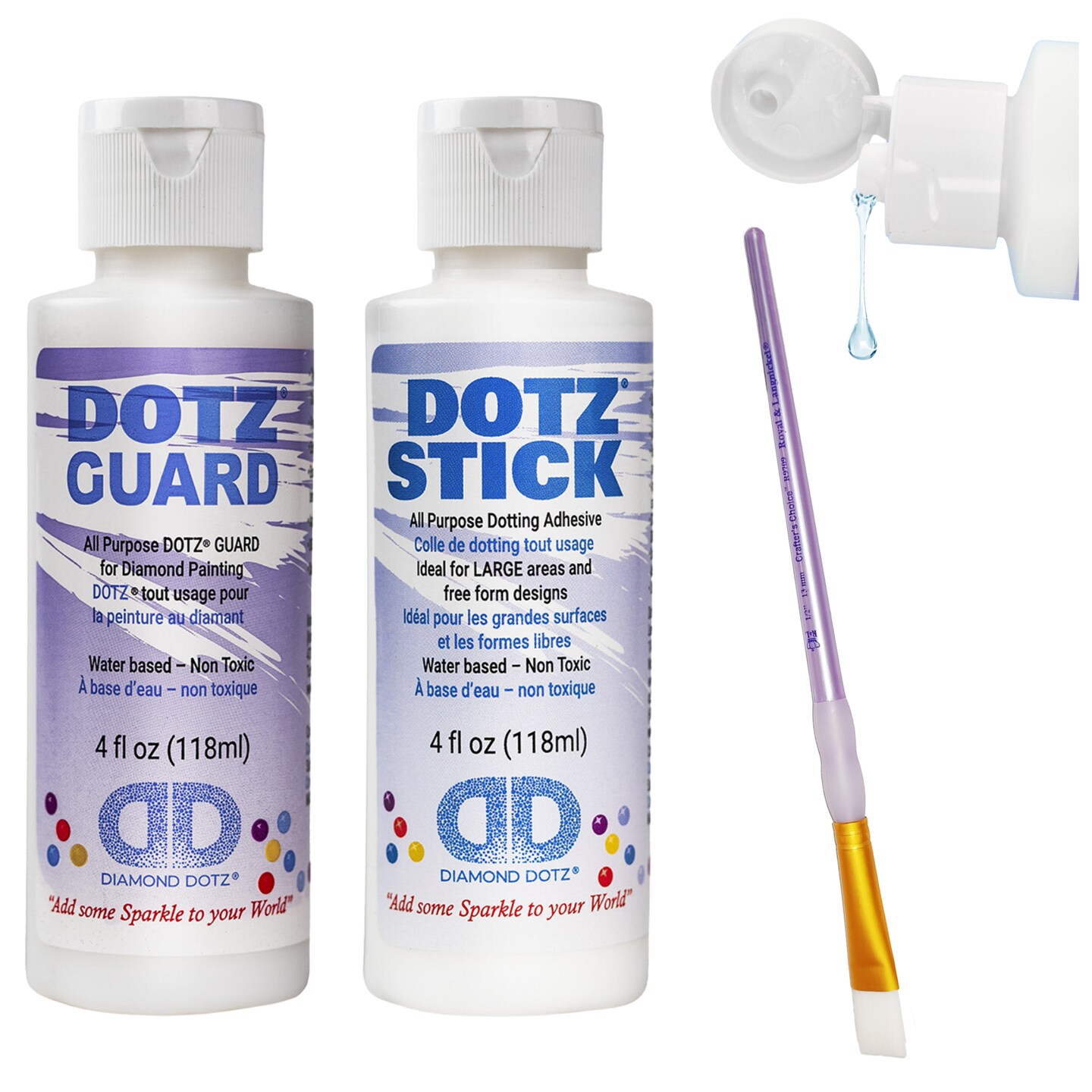 Diamond Dotz Accessories Dotz Stick &#x26; Guard w/ Brush, Diamond Dotz Glue, Bottle Diamond Art Glue Sealer 2-4oz (118ml) for Freestyle, Crafts and Jigsaw Puzzle Glue Sealant Saver Glue, Diamond Art Glue, 4oz Bottles