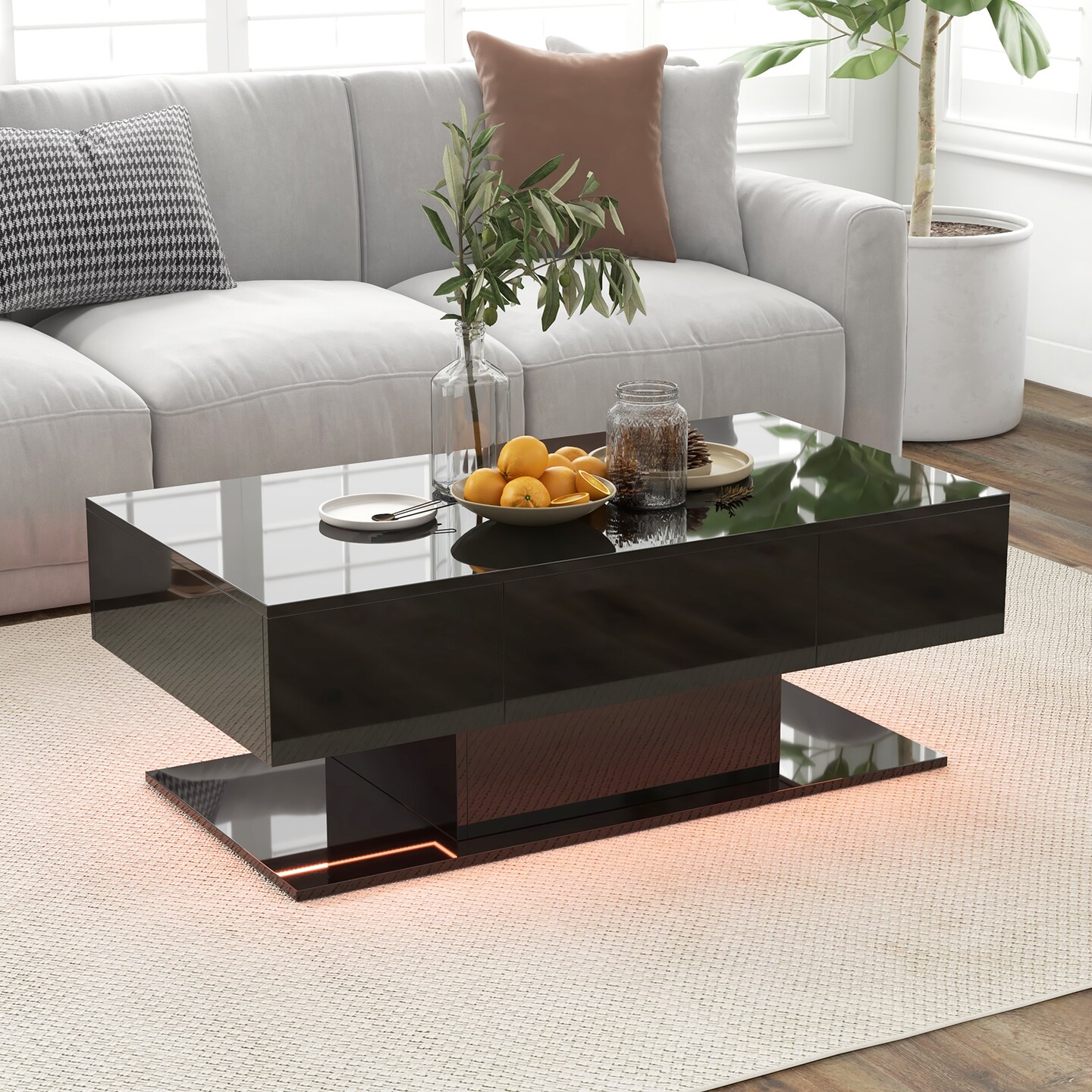 Modern Led Coffee Table With 20 Color Led Lights And 2 Storage Drawers-black