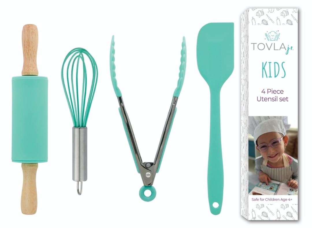 4 Pieces Kids Cooking Utensils Set - Kids Kitchen Tools - Safe Kids Baking Set - Food Grade Toddler Chef Supplies - Gender Neutral Silicone Cookware Kit with Spatula Whisk Tongs Rolling Pin