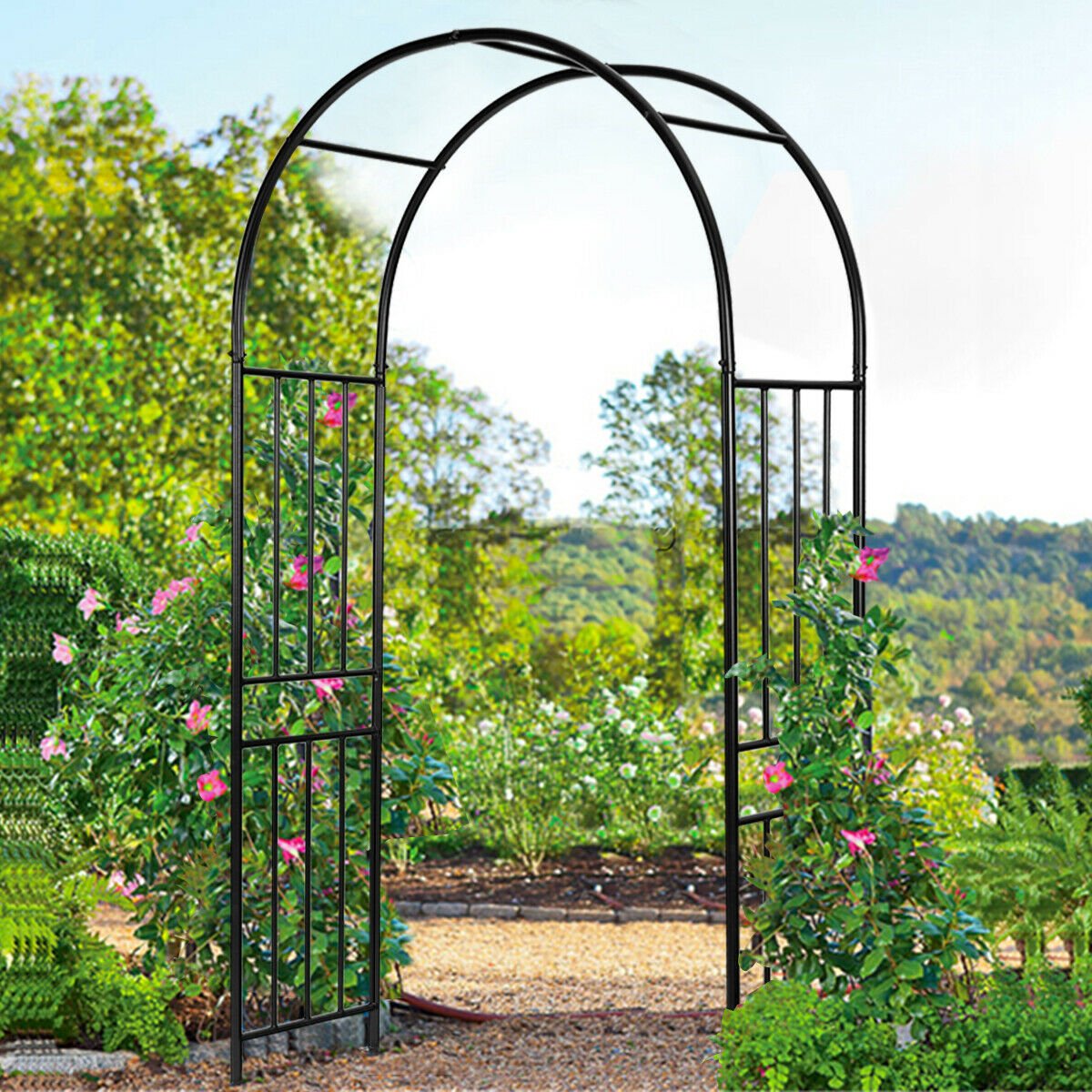 7.2Ft Garden Arch Steel Arbor Wedding Garden Decoration Climbing Plants W/Stakes