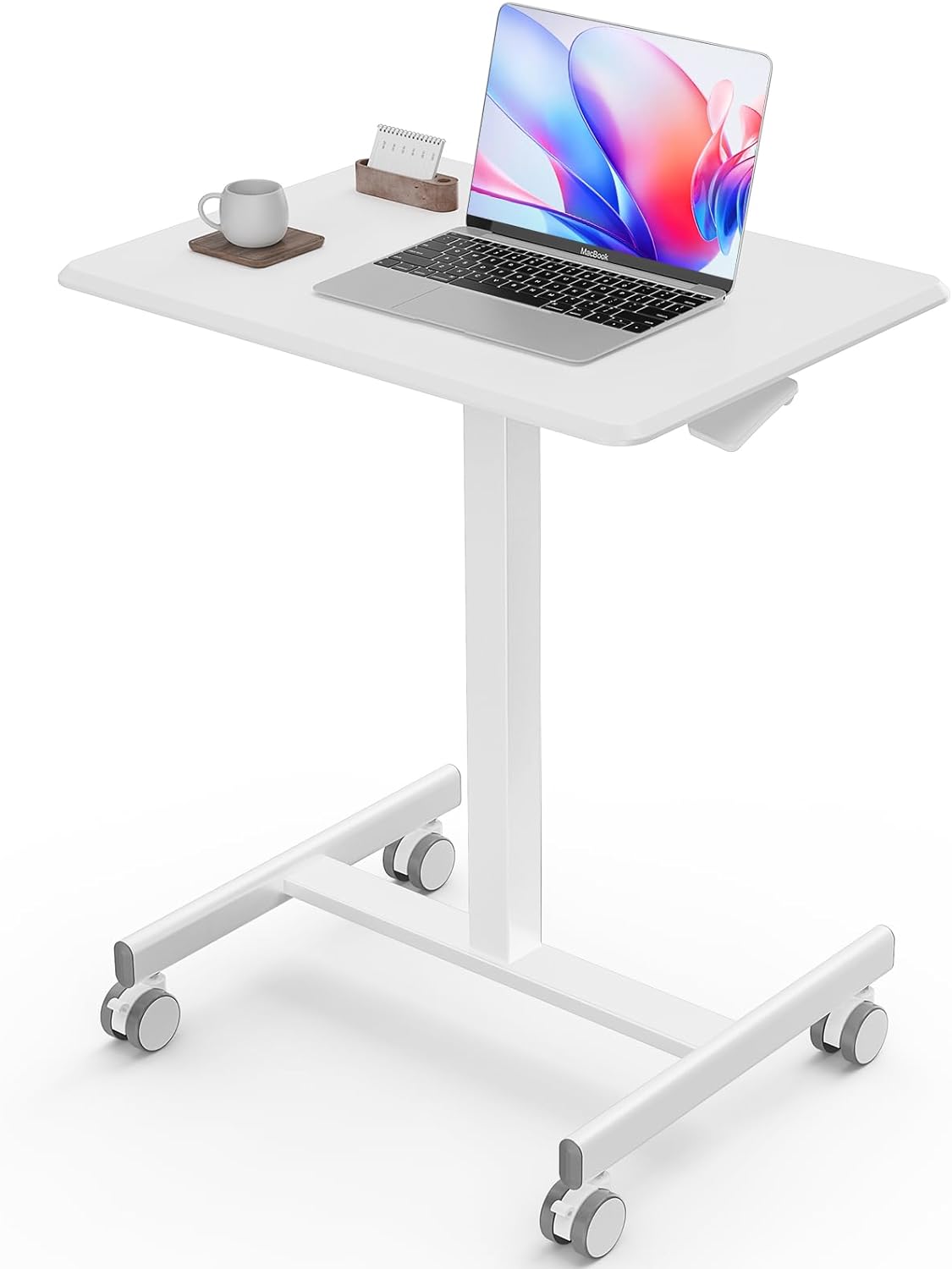 Mobile Small Stading Desk - Sit Stand Desk, Portable Rolling Laptop Desk with Lockable Wheels, Computer Workstations, Adjustable Height, White