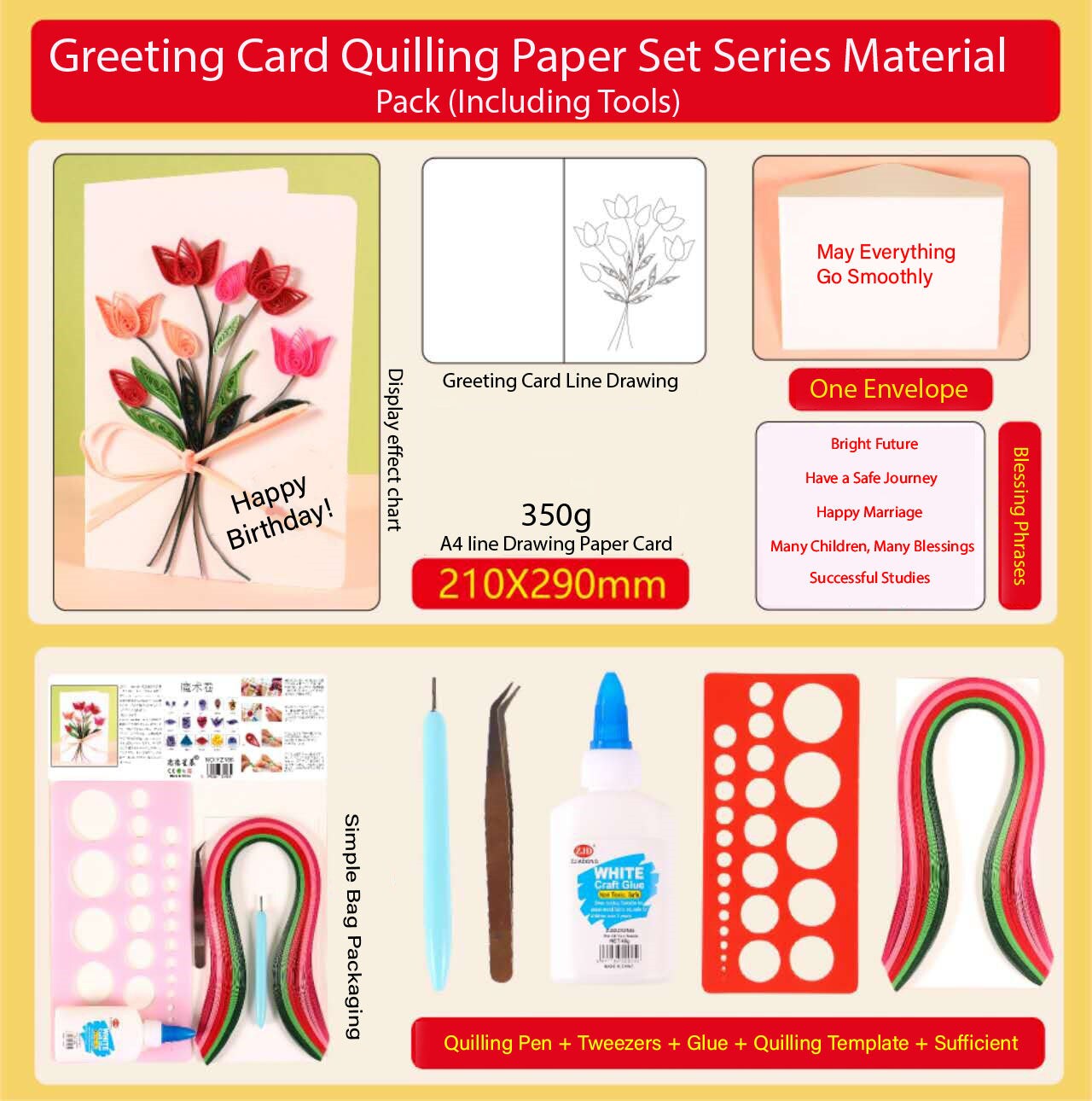 Greeting Card Making Kit. Tulips Flowers DIY Quilling Kit F07M3-5-FL10