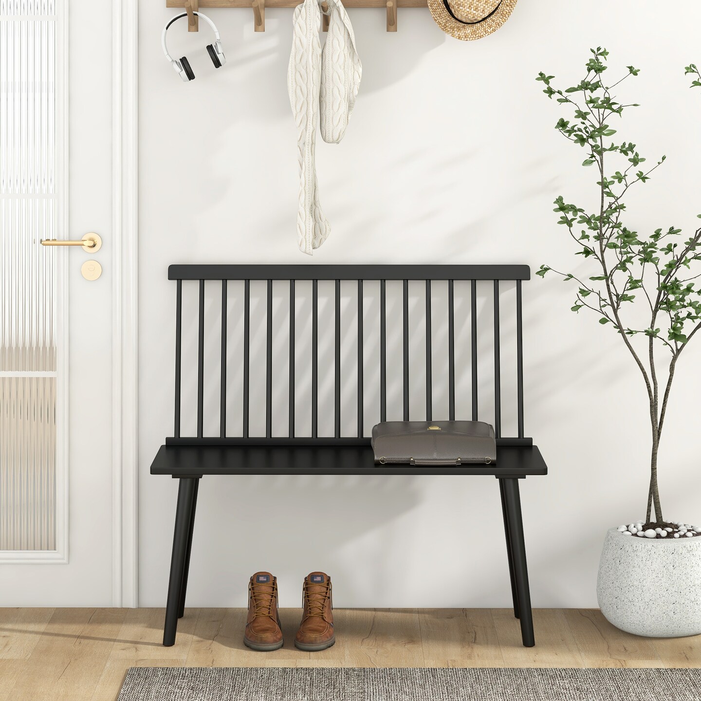 Entryway Bench For 2 With Spindle Back For Kitchen Dining Room Hallway-black