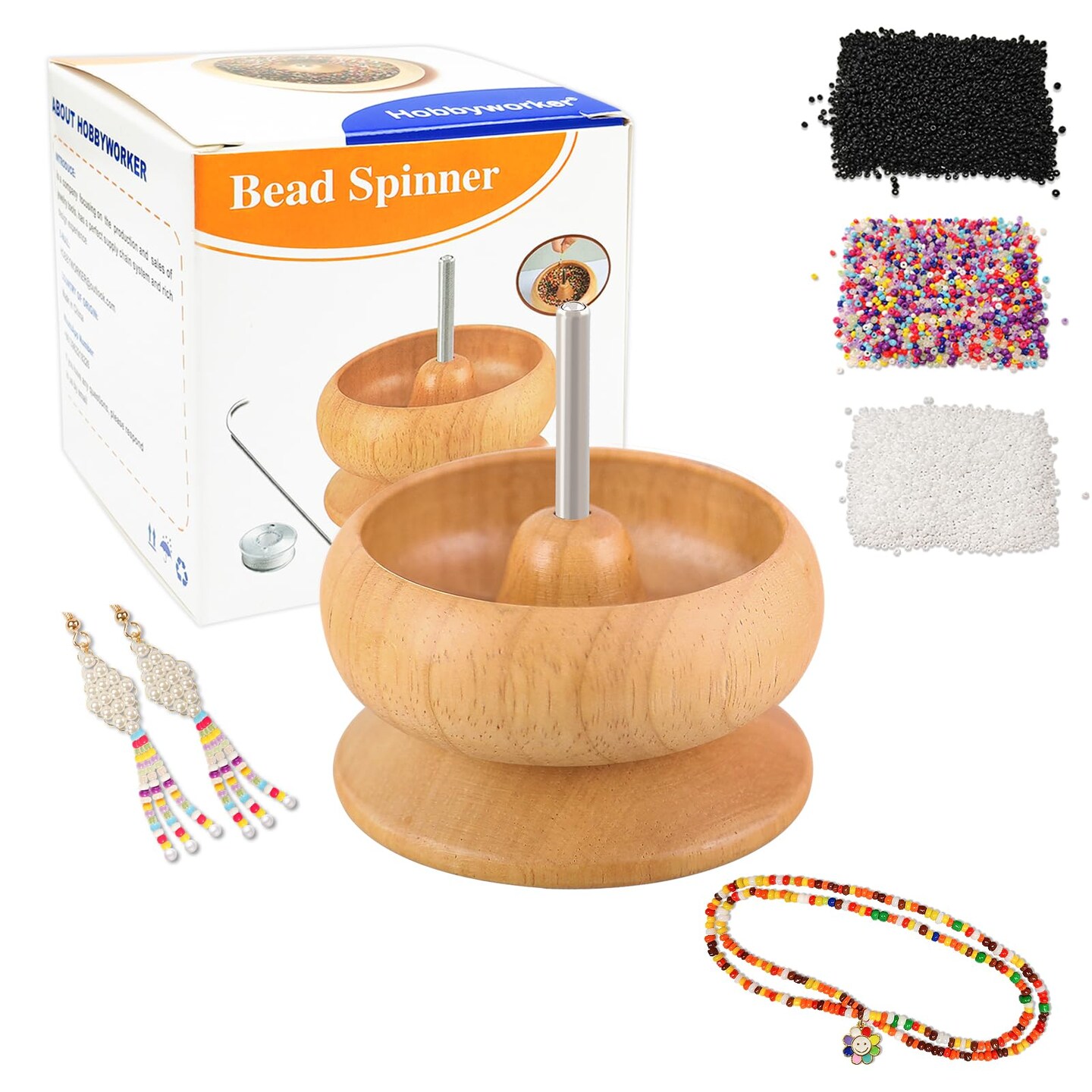 8000 Pieces The Upgrade Version Wooden Bead Spinner with 2 Pcs Big Needles and 1 Surprise Gift Pack for Jewelry Making Tools,Quickly Stringing Beads Tool