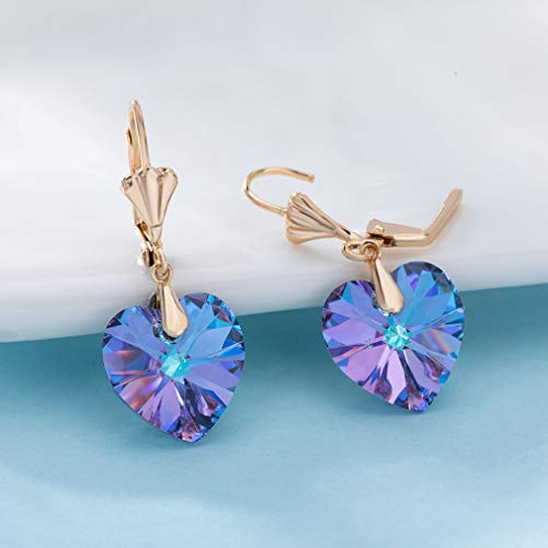 Crystal Heart Drop Leverback Earrings for Women Fashion Dangle Earring 14K Rose Gold Plated Hypoallergenic Jewelry (Vitrail Light)