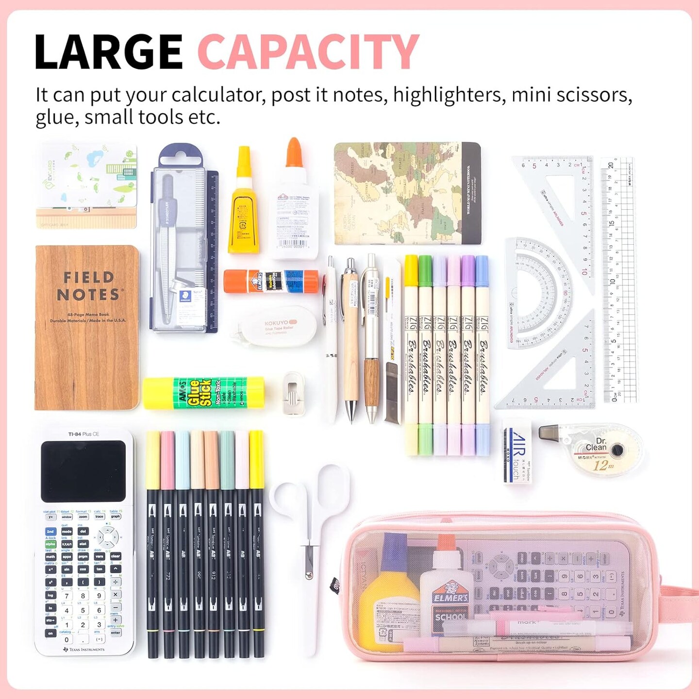 Large Grid Mesh Pencil Case 2 Compartment Pen Bag Clear Handheld Multifunction Pencil Pouch Transparent Makeup Bag for Teen Student College Business Travel Office Adult - Pink