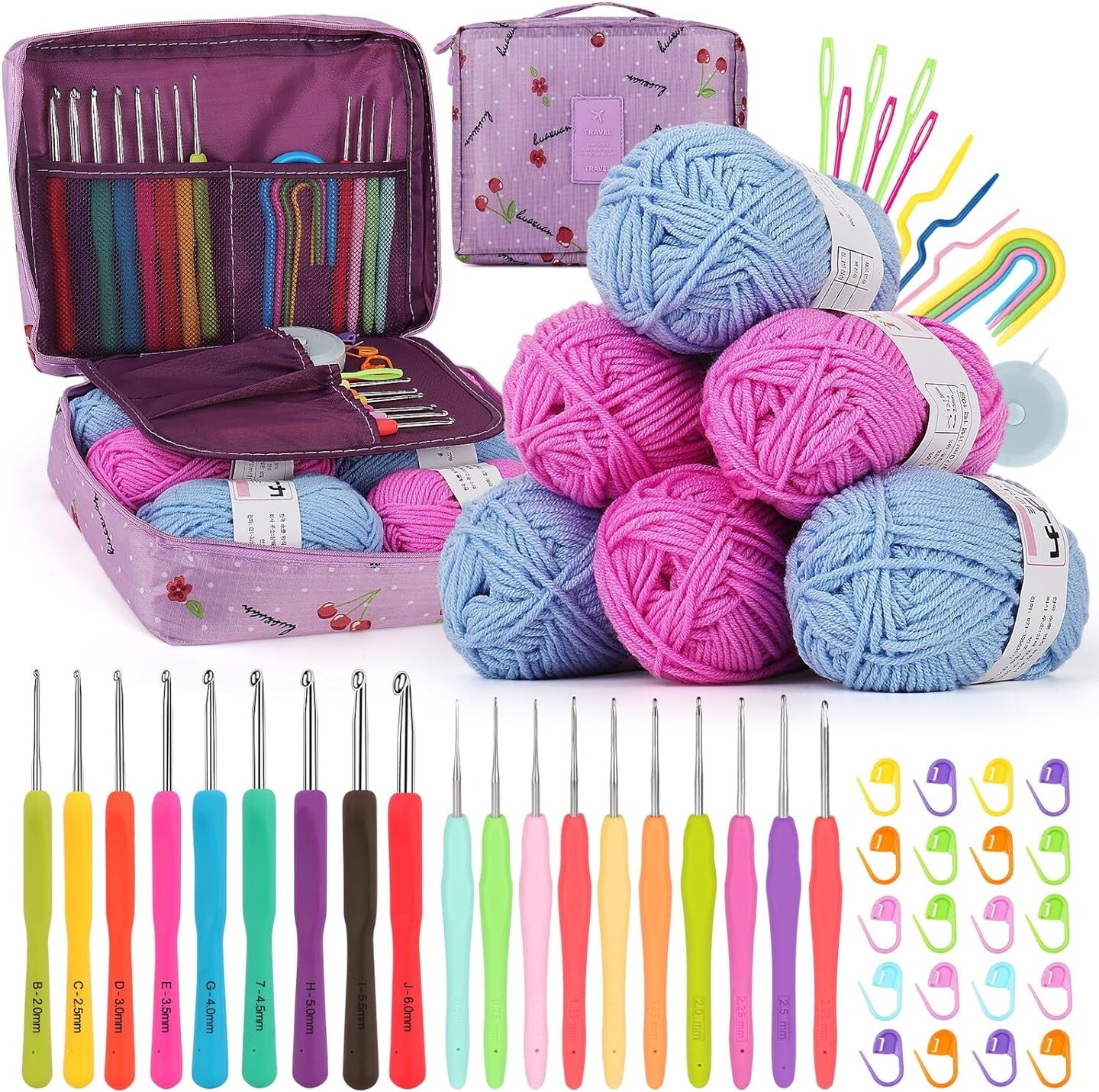 Crochet Kit Beginners Crochet Hook Set with Crochet Yarn,58Pcs Portable Crochet Set Ergonomic Crochet Hooks Travel Knitting Crochet Supplies