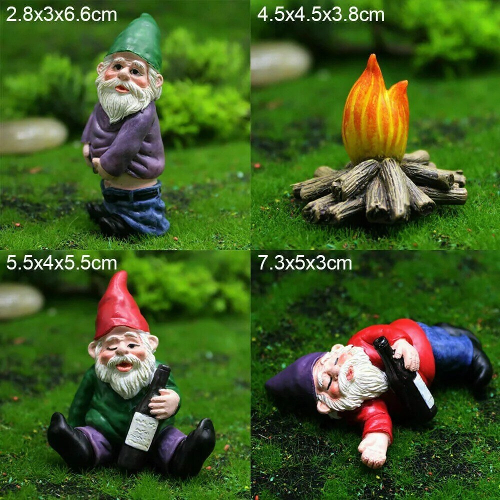 4PCS Fairy Garden Gnomes Accessories My Little Friend Drunk Gnome Dwarfs