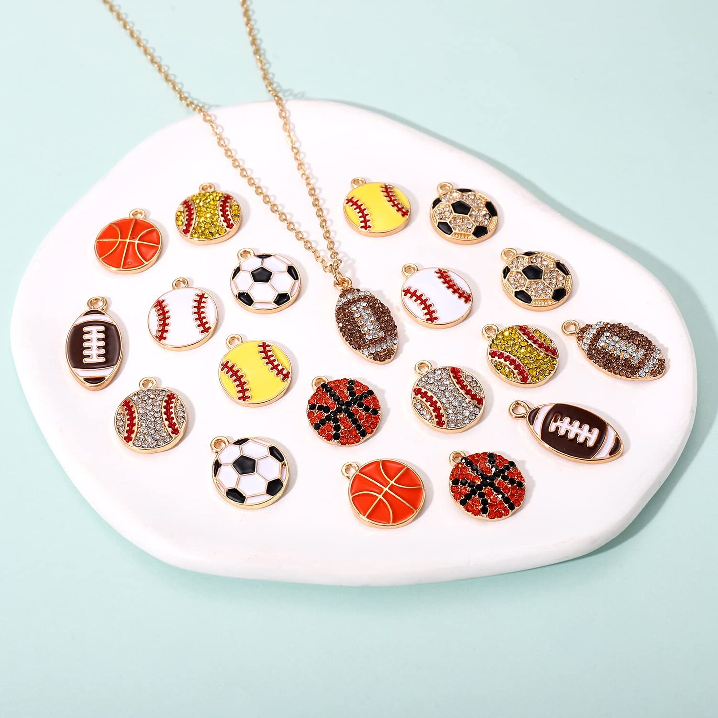 20 Pieces Sports Charms Enamel Basketball Baseball Pendant Charms for Jewelry Making Rhinestone Ball Game Softball Charms for Necklace Bracelet Earrings DIY Crafts (Set 1)