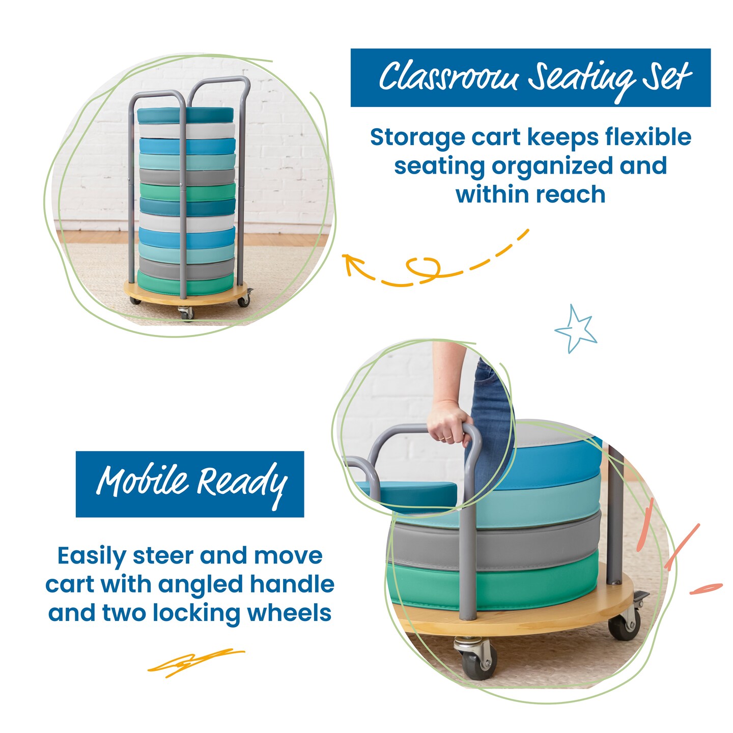 Mobile Storage Cart and 12 Round Floor Cushions with Handle, Classroom Flexible Seating