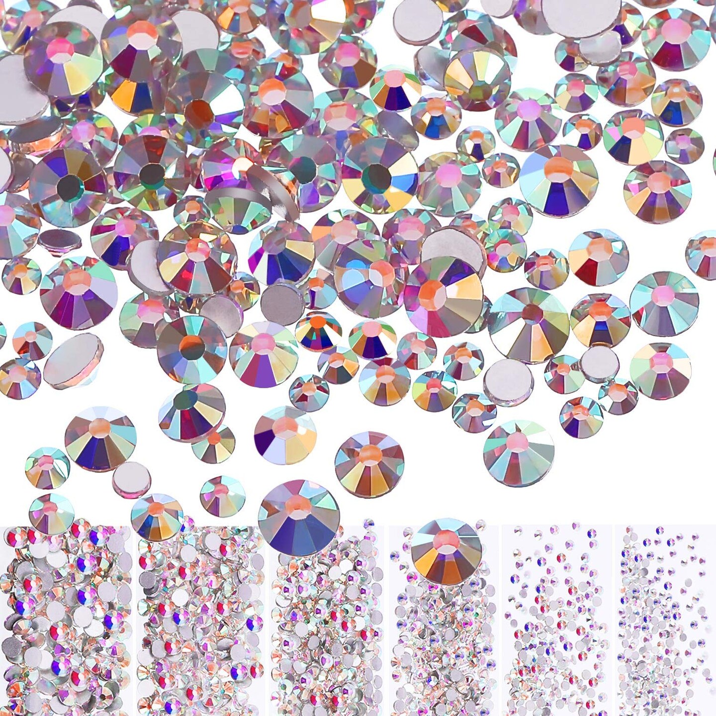 3456 Pieces Crystals Diamond Rhinestones AB Clear Flat Back Round Gems Flatback Glass Crystals Mixed Size Crystals Gems for Crafts Nail Clothes Shoes Makeup Bags Decor, 6 Sizes (Iridescent)