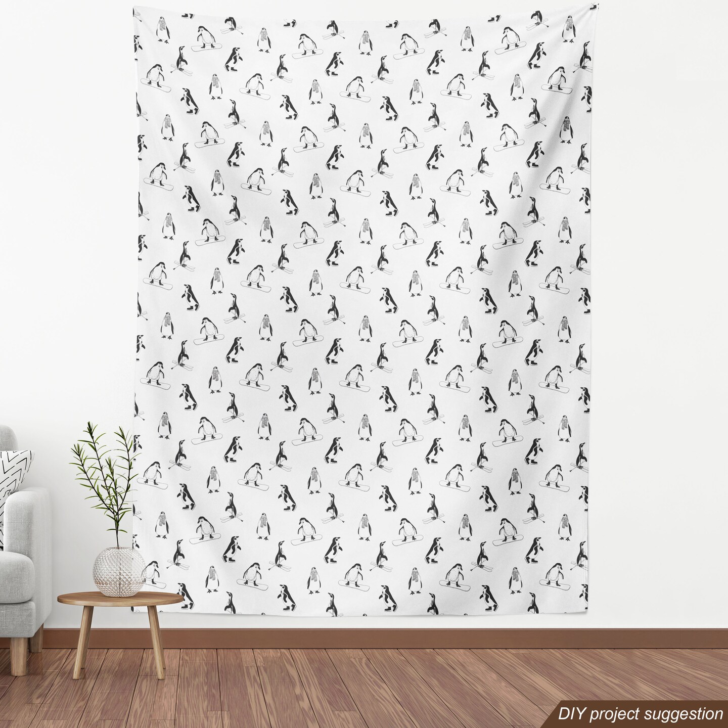 Ambesonne Penguin Fabric by the Yard, Skiing Penguins on Snowboards Winter Sports Themed Pattern Animal Bird with Scarf, Decorative Fabric for Upholstery and Home Accents, White Black