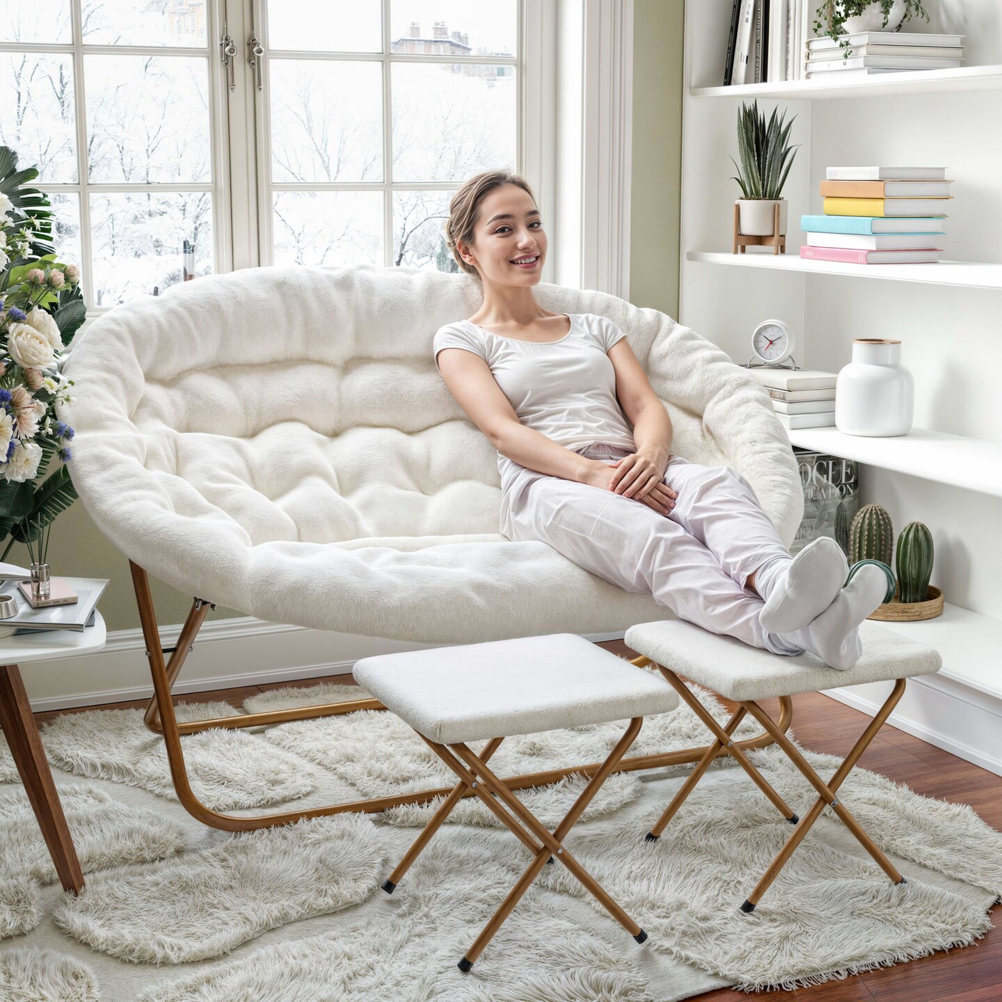 Emma and Oliver Janey Folding Double Saucer Chair with 2 Ottomans and Steel Frame for Dorm or Bedroom