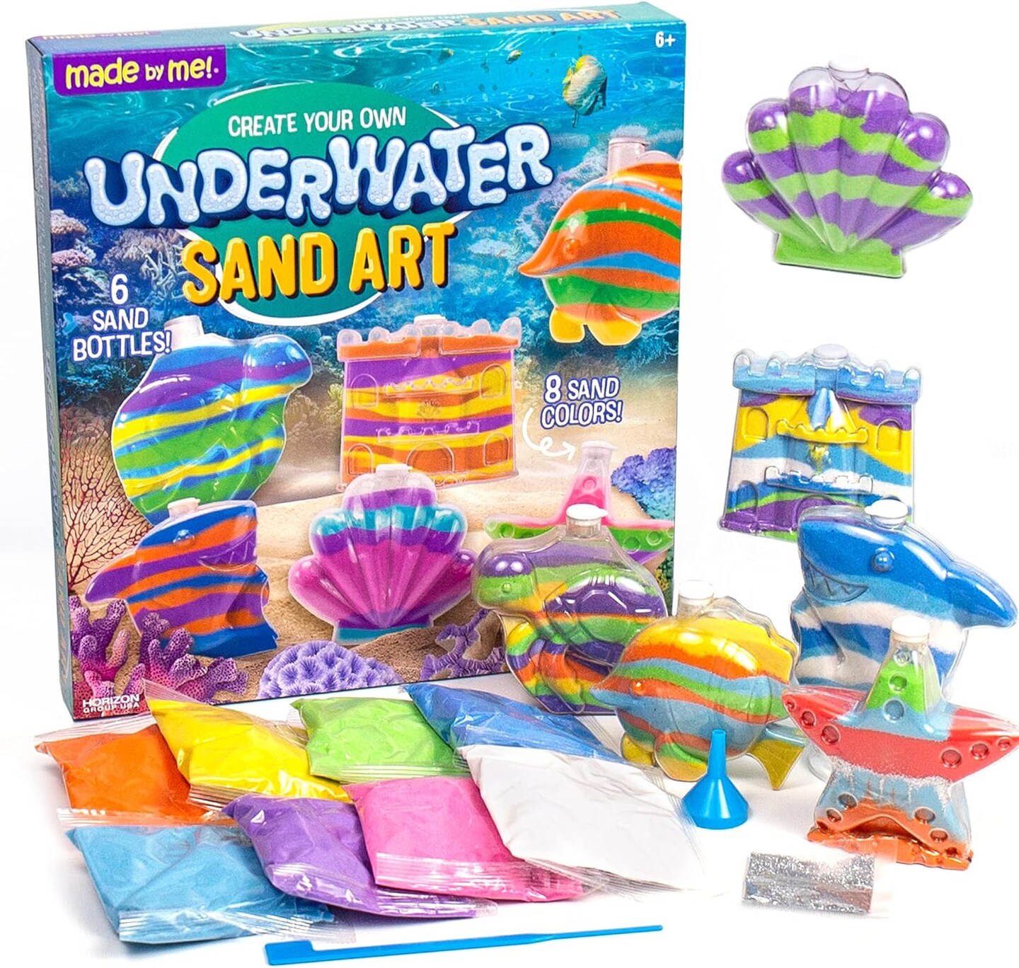 Create Your Own Underwater Sand Art with 6 Ocean-Themed Bottles, 8 Sand Colors, Glitter, and Funnel. Excellent Staycation or Group Activity, Party Idea DIY Sand Art for Children Ages 6, 7, 8, and 9