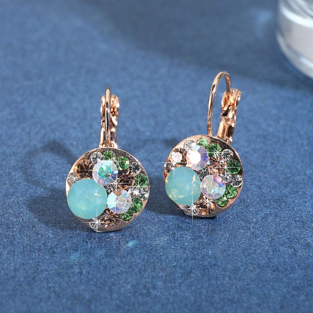 Multicolored Crystal Earrings for Women 14K Gold Plated Leverback Dangle Hoop Earrings (Green Opal+Aurora Borealis Crystal)