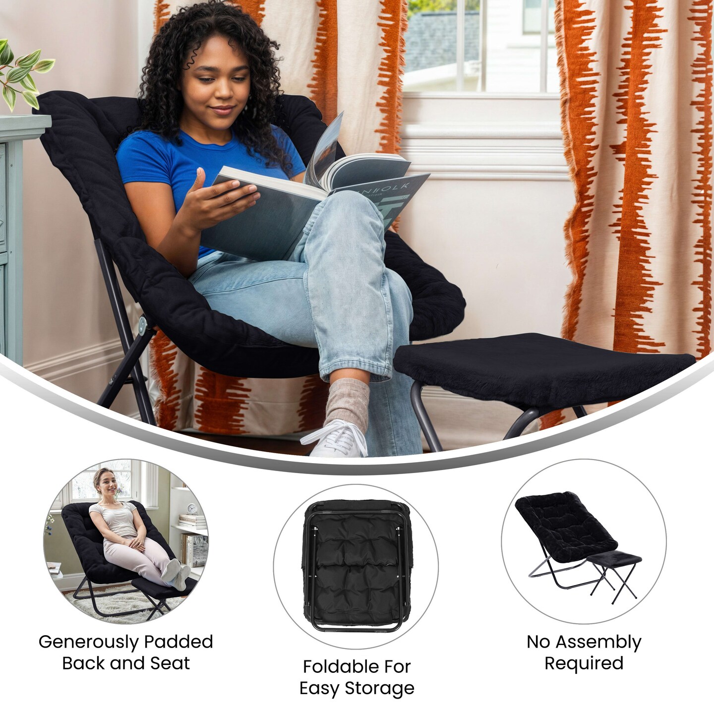 Emma and Oliver Aisling Oversized Folding Saucer Chair and Ottoman for Dorm, Bedroom
