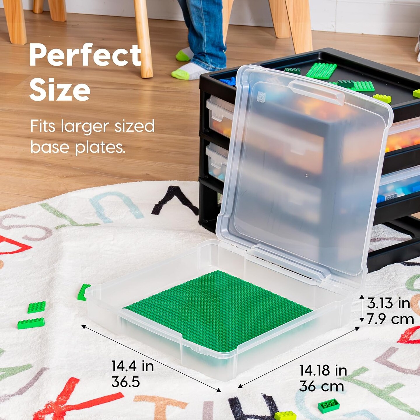 Fits 12" x 12" Paper, 3-Tier Scrapbook Storage Unit with Organizer Top, for Building Blocks Lego Papers Tools Office Art and Craft Supplies, Desktop Organizer, Built in Handle, Black/Clear