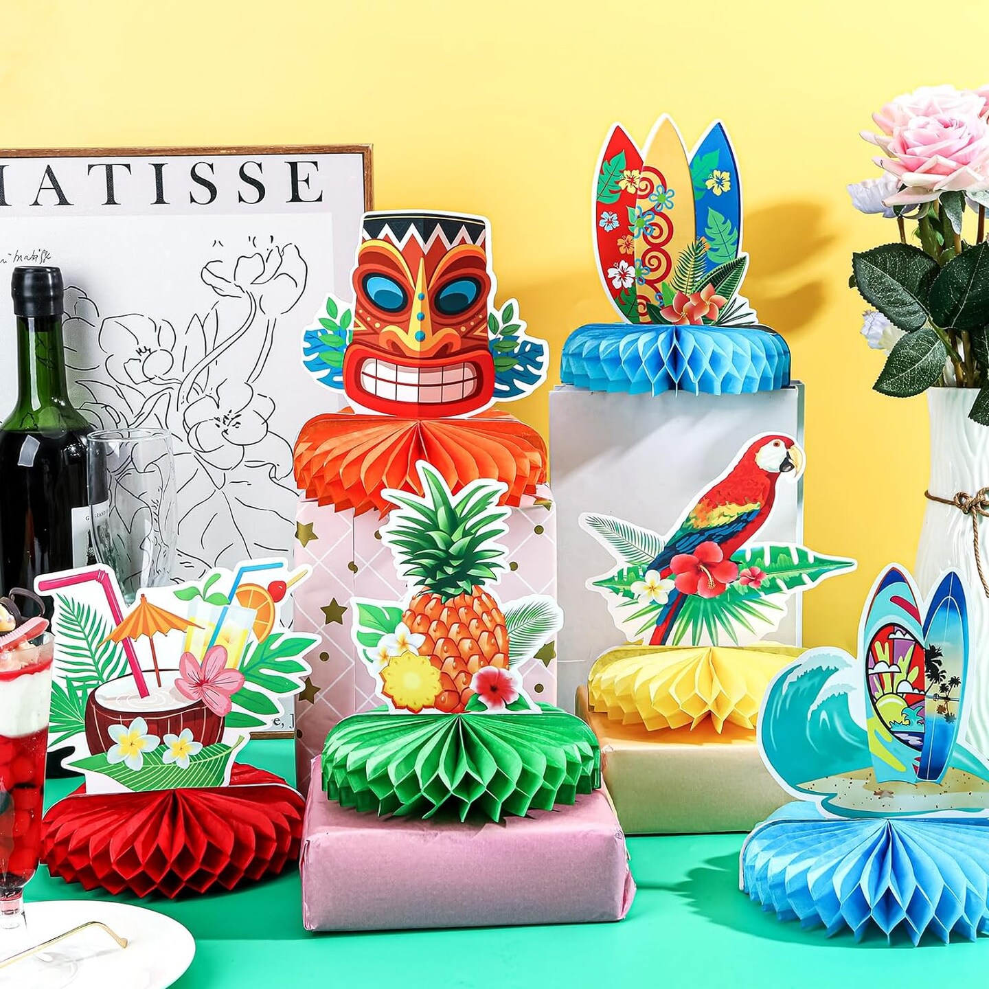 Hawaiian Luau Honeycomb Centerpieces, 14 Pieces, Large Tropical Tiki Party Decor Flamingo palm tree and 3D summer beach centerpiece table for a Hawaiian birthday party. Perfect for favors and decorations.