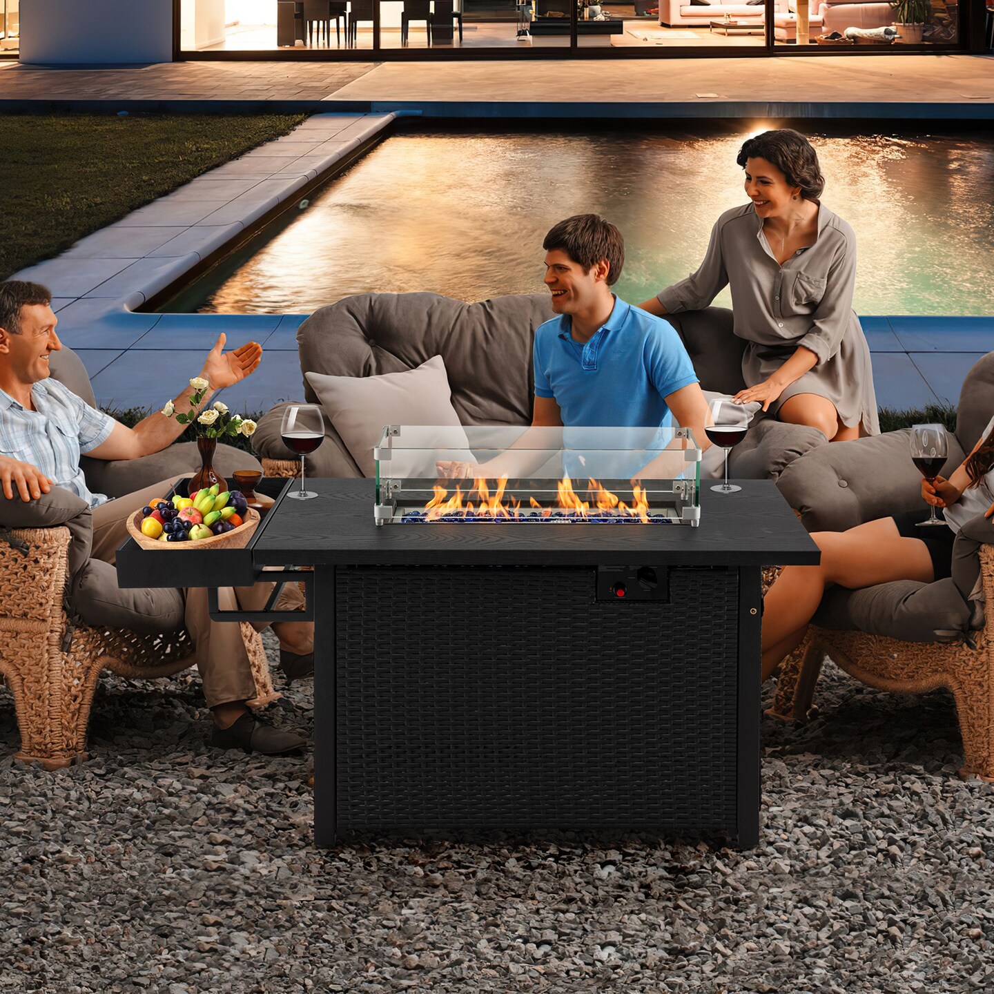 52 Inches Outdoor Wicker Gas Fire Pit Propane Fire Table with Cover