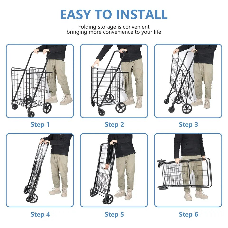 Folding Shopping Cart Utility Cart with Double Basket and Swivel Wheels